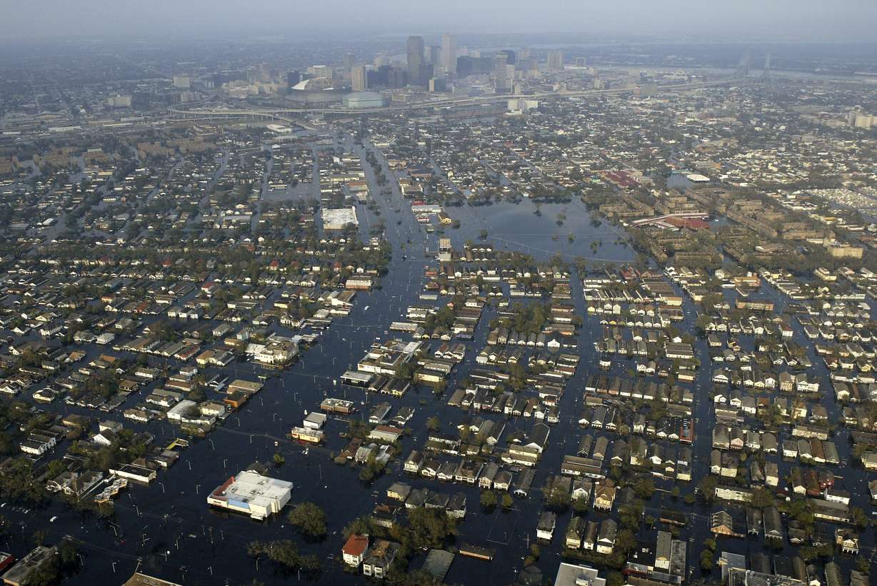 Floodwaters from Hurricane Katrina fill the streets of New Orleans, Sept. 1, 2005. The city commemorated the 20th anniversary of the disaster on Friday.