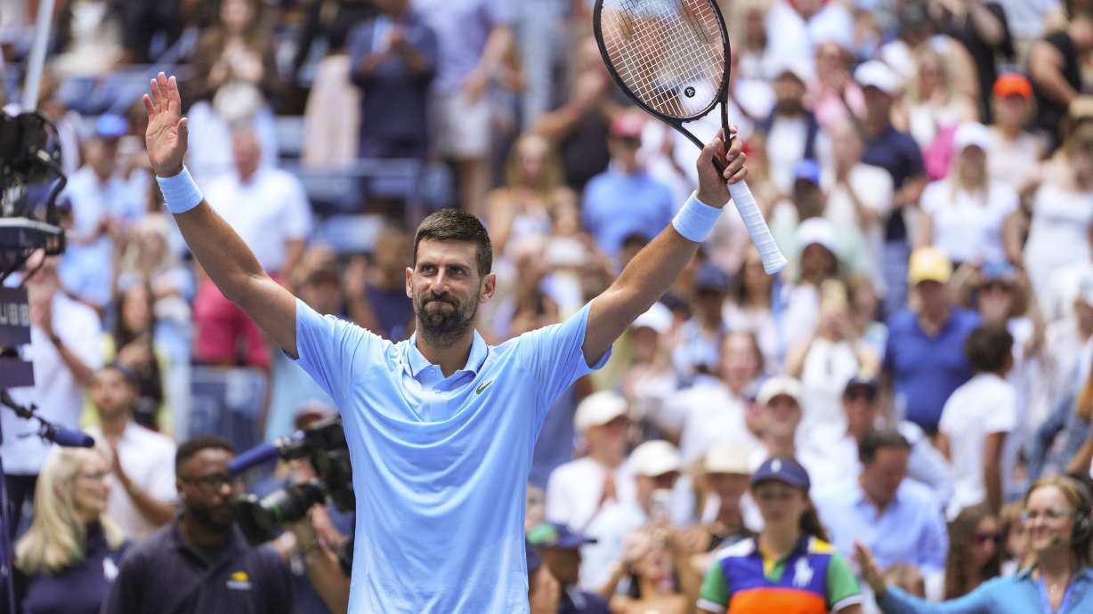 Novak Djokovic, of Serbia, reacts to the crowd after defeating Zachary Svajda, of the United States, during the second round of the U.S. Open tennis championships, Wednesday, Aug. 27, 2025, in New York.