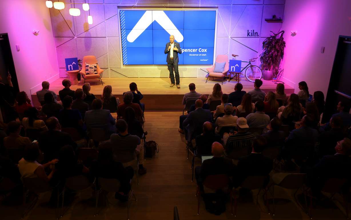 Gov. Spencer Cox speaks at the launch of the Nucleus Institute at Kiln in Salt Lake City on Wednesday.