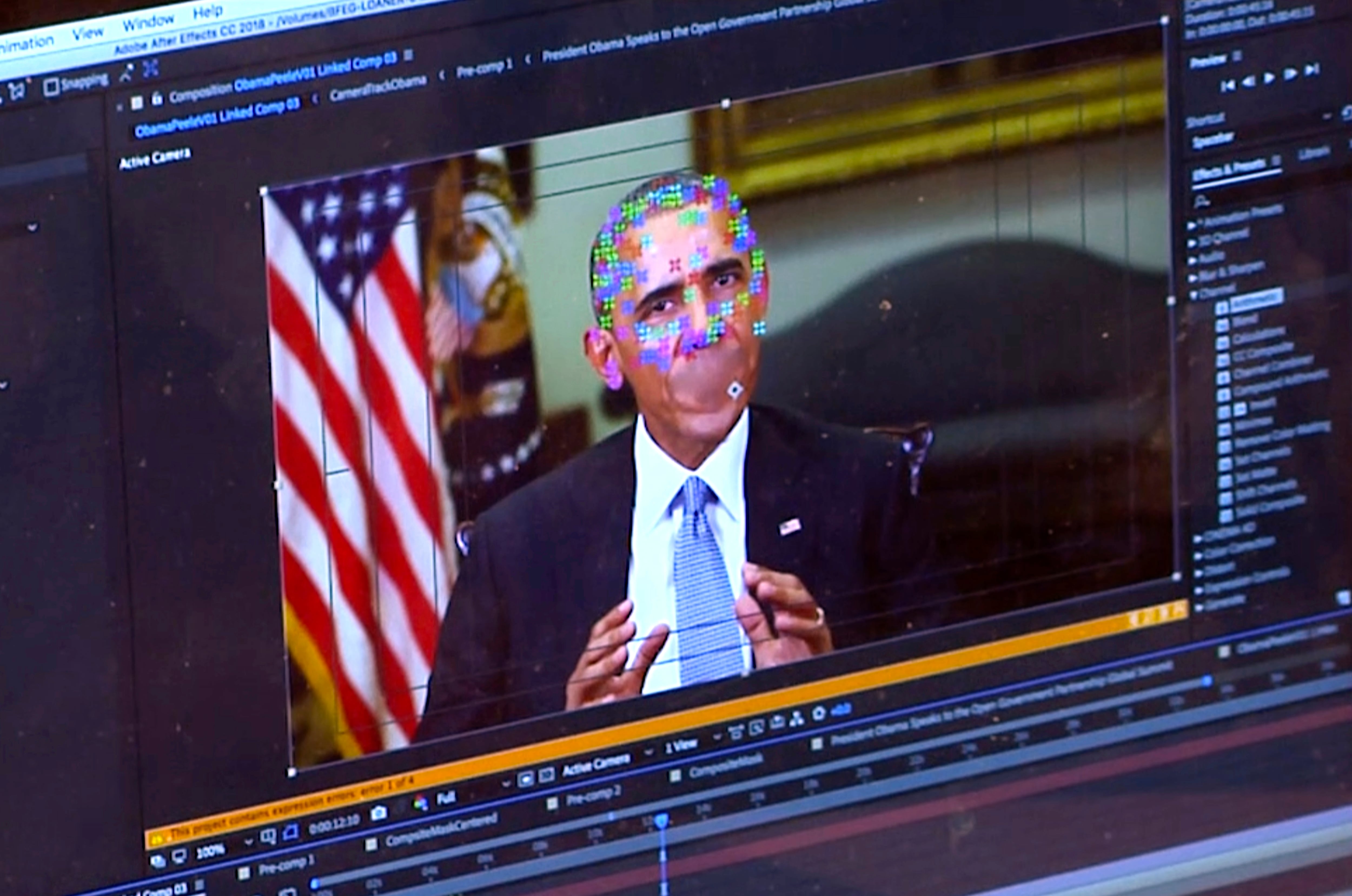 This image, created from a fake video featuring former President Barack Obama, showcases elements of facial mapping used in new technology that allows anyone to create videos of real people appearing to say things they've never said. There is growing concern that U.S. adversaries will utilize new technology to create authentic-looking videos that can influence political campaigns or compromise national security.