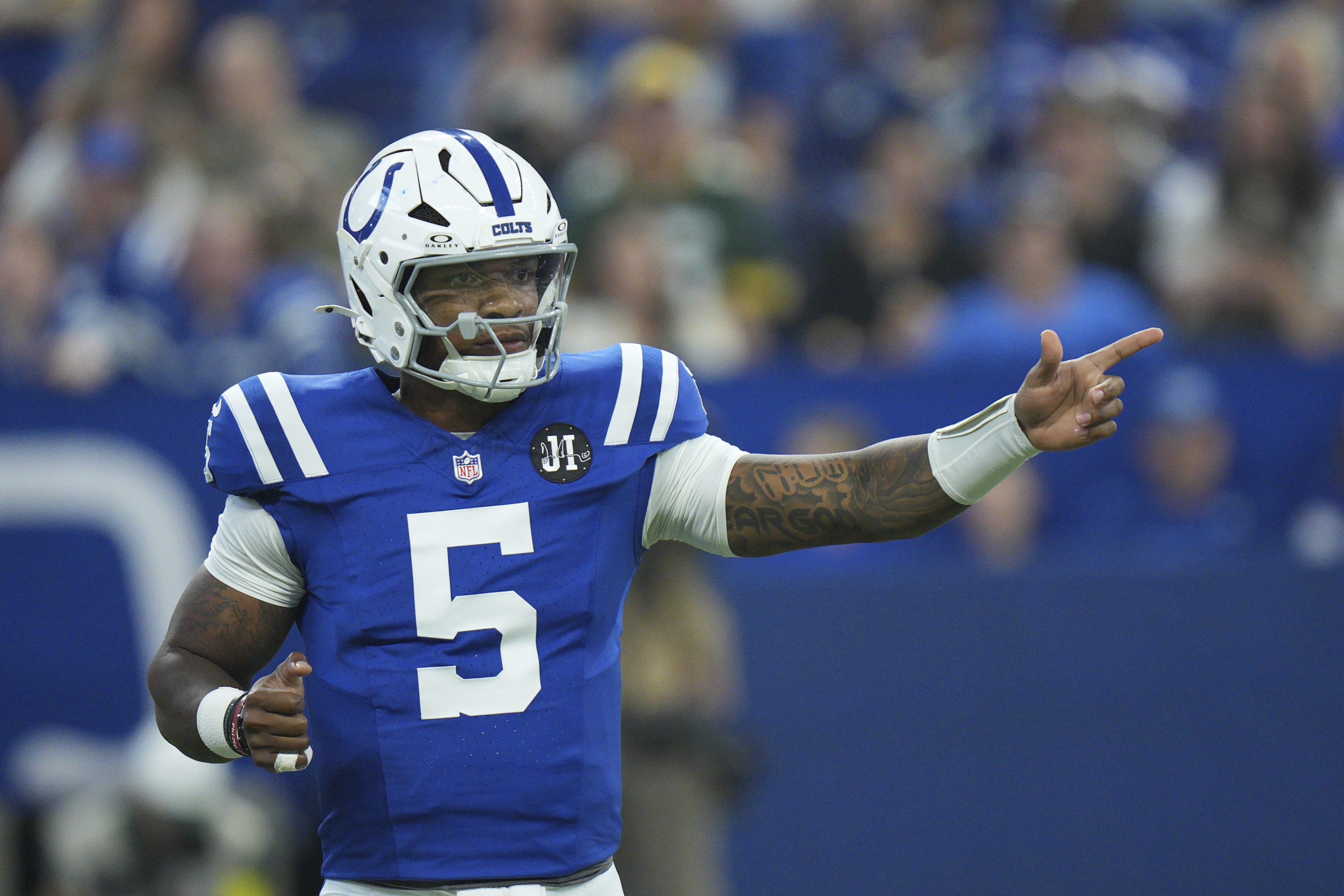Indianapolis Colts quarterback Anthony Richardson Sr. reacts during the first half of a preseason NFL football game against the Green Bay Packers, Saturday, Aug. 16, 2025, in Indianapolis. 