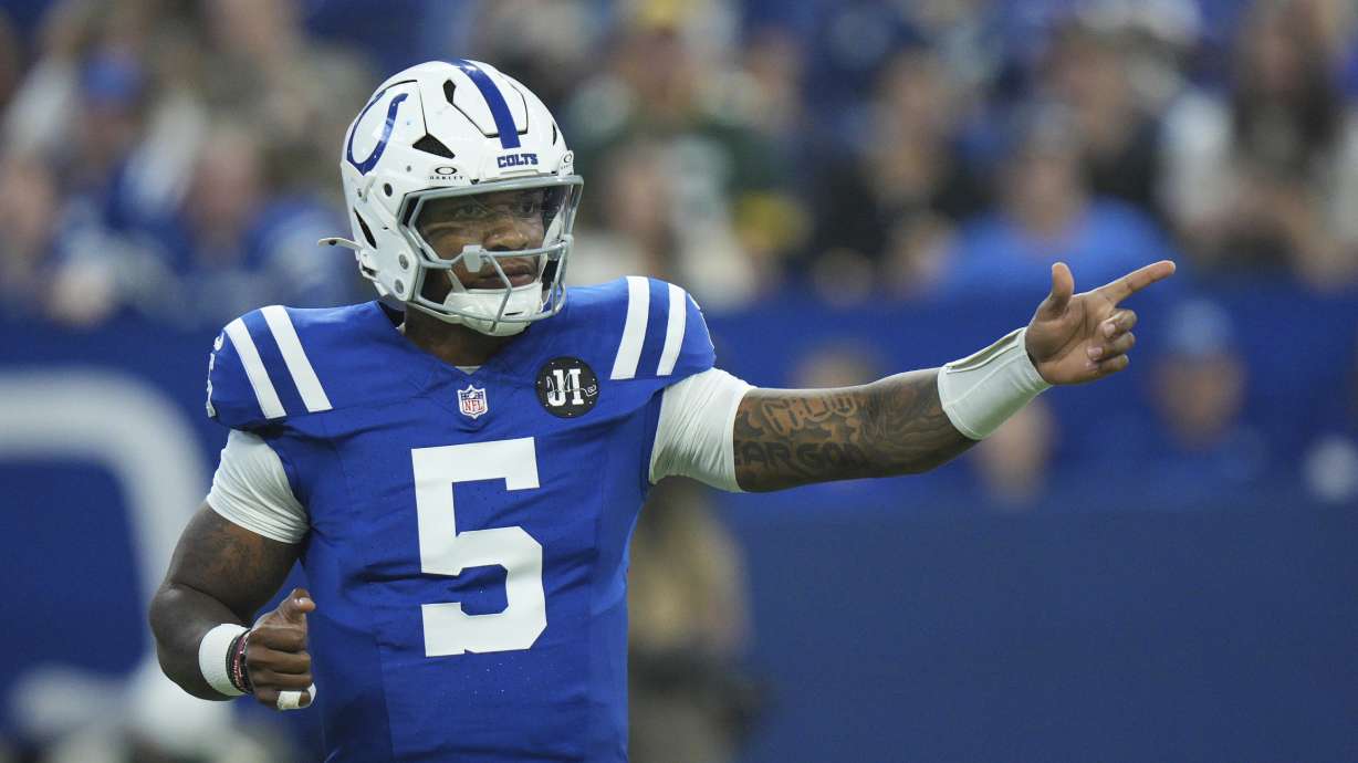 Indianapolis Colts quarterback Anthony Richardson Sr. reacts during the first half of a preseason NFL football game against the Green Bay Packers, Saturday, Aug. 16, 2025, in Indianapolis.