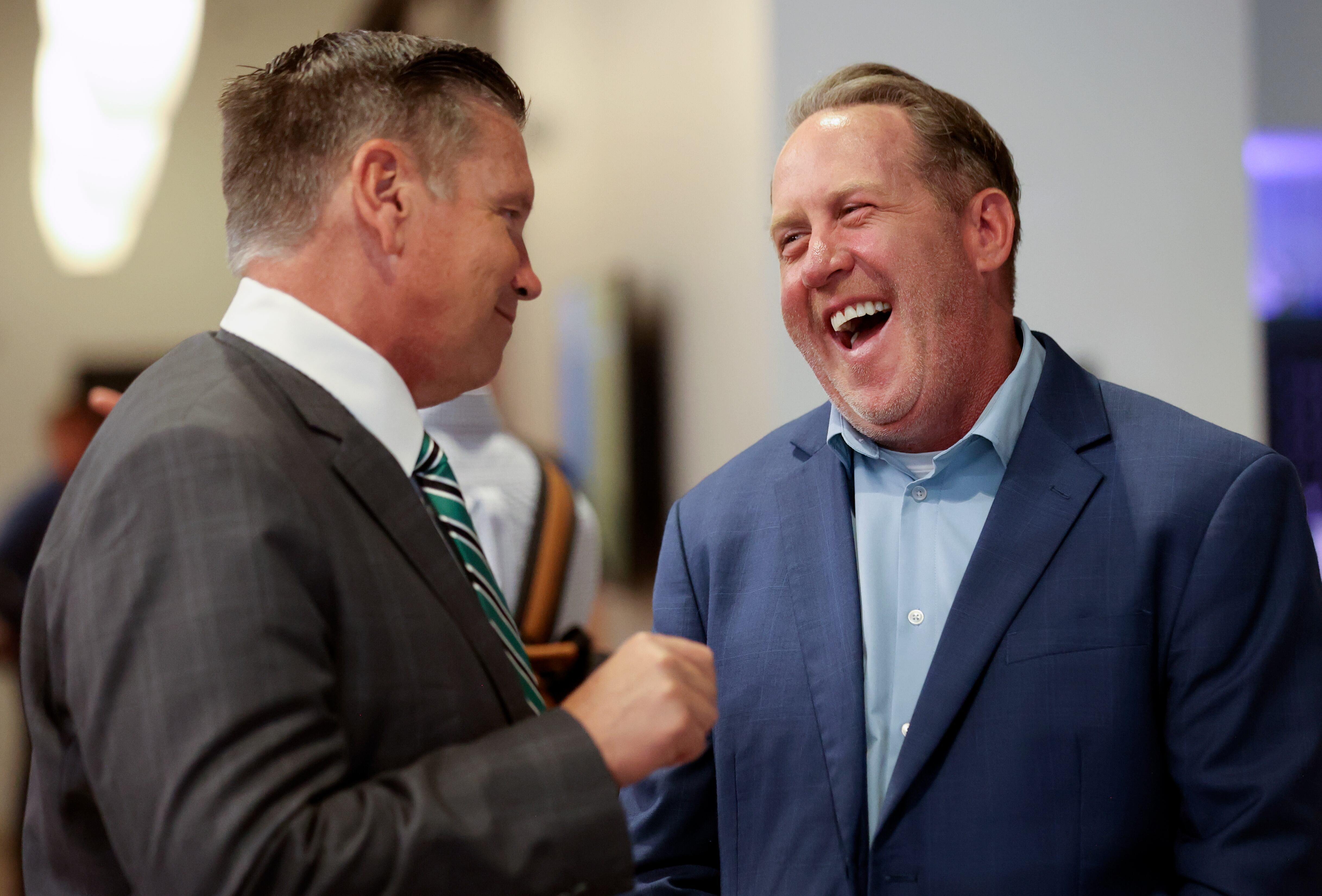 Rep. Val Peterson, R-Orem, talks with former representative Jefferson Moss, Nucleus executive director, at the launch of Nucleus at Kiln in Salt Lake City on Aug. 27. Peterson said Thursday Utah's rainy day savings exceeded the state's general obligation debt.