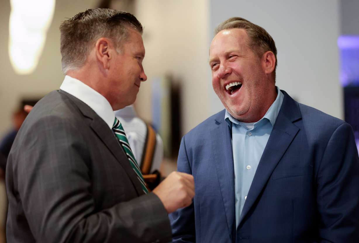 Rep. Val Peterson, R-Orem, talks with former representative Jefferson Moss, Nucleus executive director, at the launch of Nucleus at Kiln in Salt Lake City on Aug. 27. Peterson said Thursday Utah's rainy day savings exceeded the state's general obligation debt.