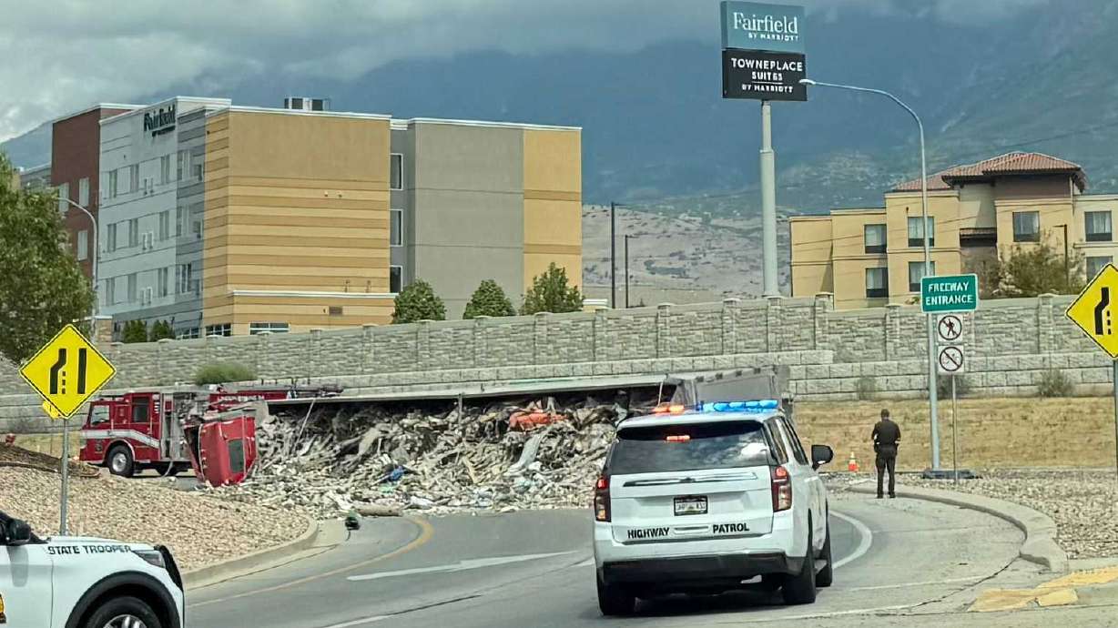 An overturned semi on 800 North in Orem on Wednesday.