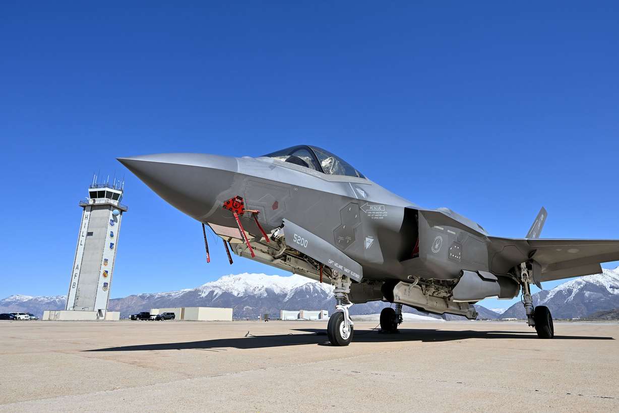 F-35A Lightning II Demonstration Team commander Capt. Melanie “Mach” Kluesner’s plane on March 19, 2024. Rep. Blake Moore and Sen. John Curtis each requested funding for F-35 repairs at Hill Air Force Base Wednesday.