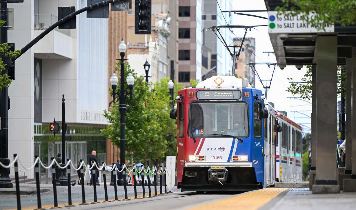 A TRAX train arrives at the downtown station in Salt Lake City on Monday. Rep. Blake Moore requested funding to help upgrade the TRAX system in preparation for the 2034 Winter Olympics on Wednesday.