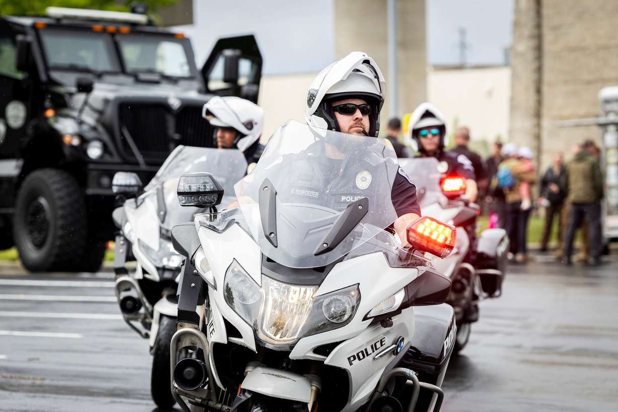 Layton Police Department Lt. Kyle Schroeder, Sgt. Mike Beavers and officer Josh Johnson do a demonstration at Salt Lake Community College’s Miller Campus in Sandy on April 30. Utah's congressional delegation requested funding in some form to support law enforcement or public safety on Wednesday.