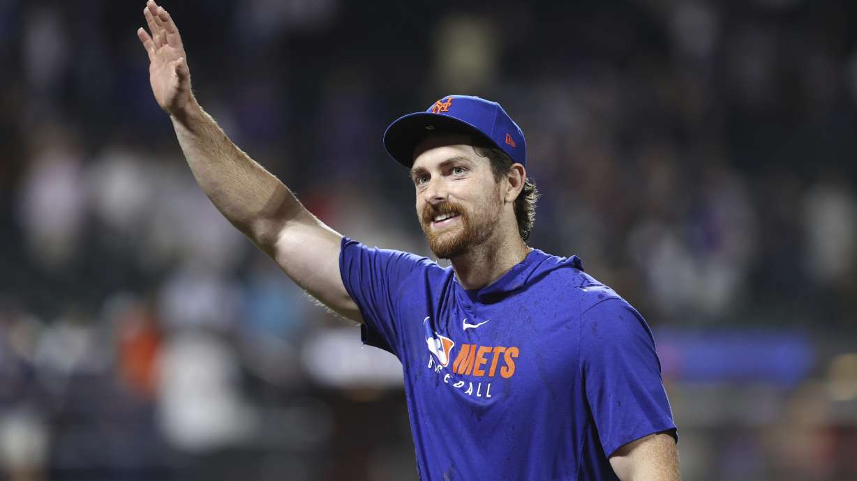 New York Mets pitcher Nolan McLean reacts after defeating the Philadelphia Phillies during a baseball game, Wednesday, Aug. 27, 2025, in New York.