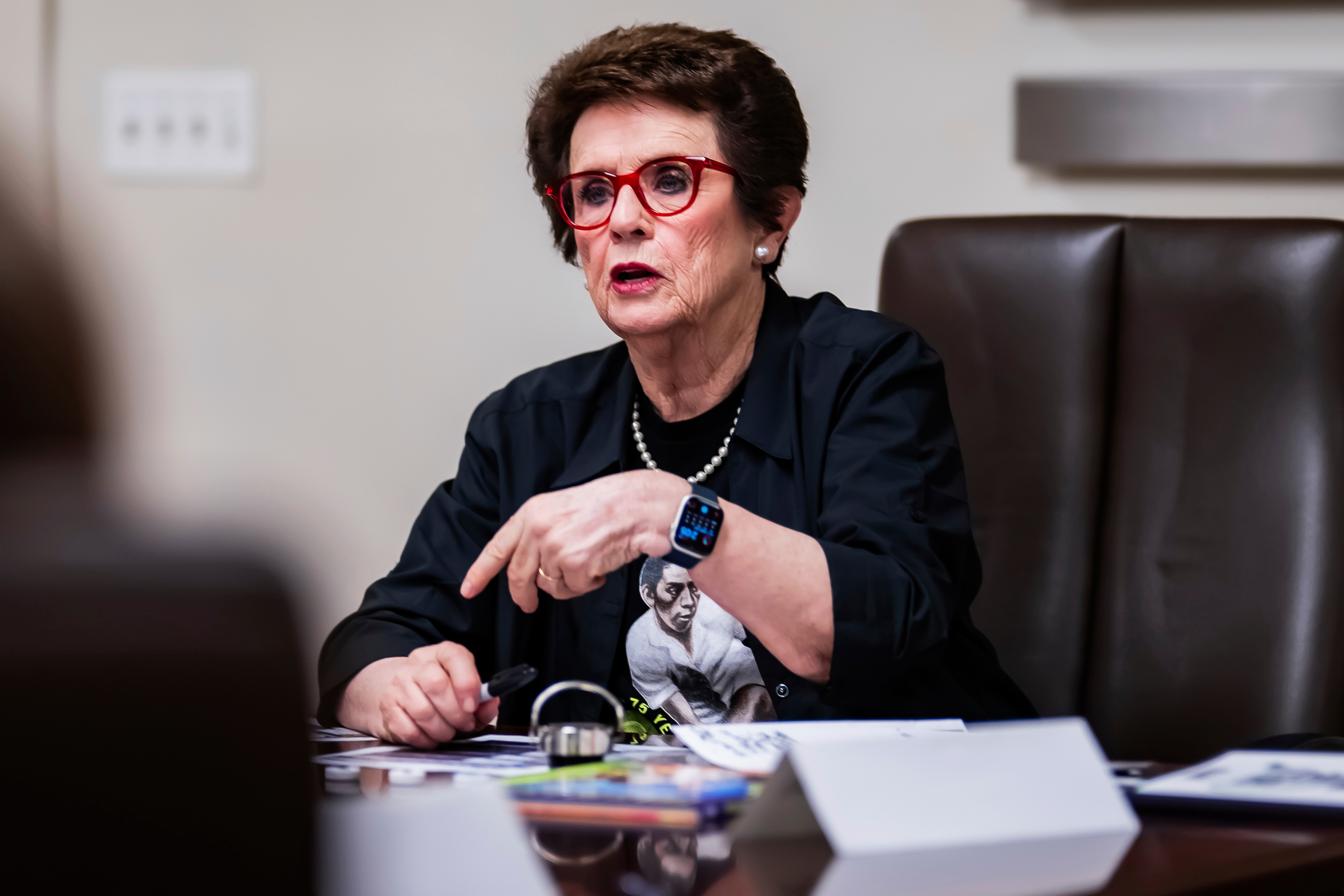 In this image provided the WTA, Billie Jean King speaks to WTA players, Friday, Aug. 22, 2025, at the USTA Billie Jean King National Tennis Center in New York. 