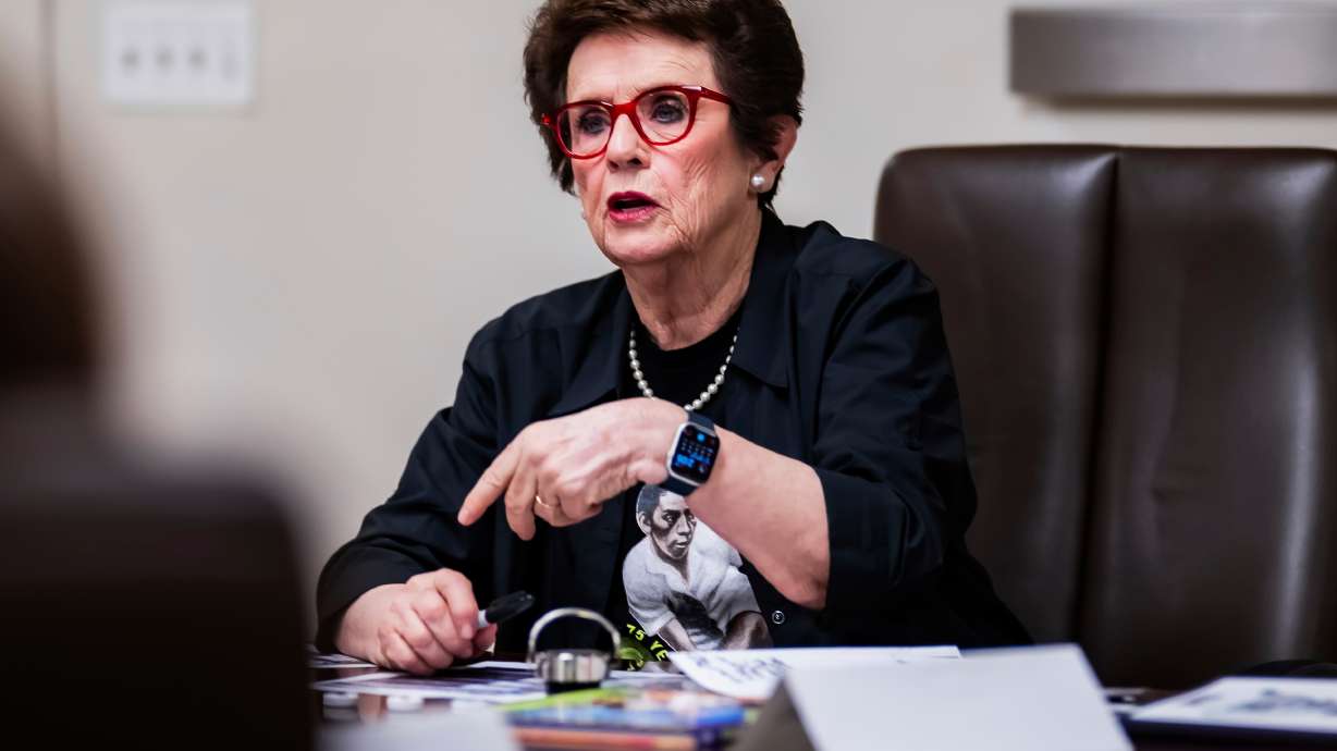 In this image provided the WTA, Billie Jean King speaks to WTA players, Friday, Aug. 22, 2025, at the USTA Billie Jean King National Tennis Center in New York.