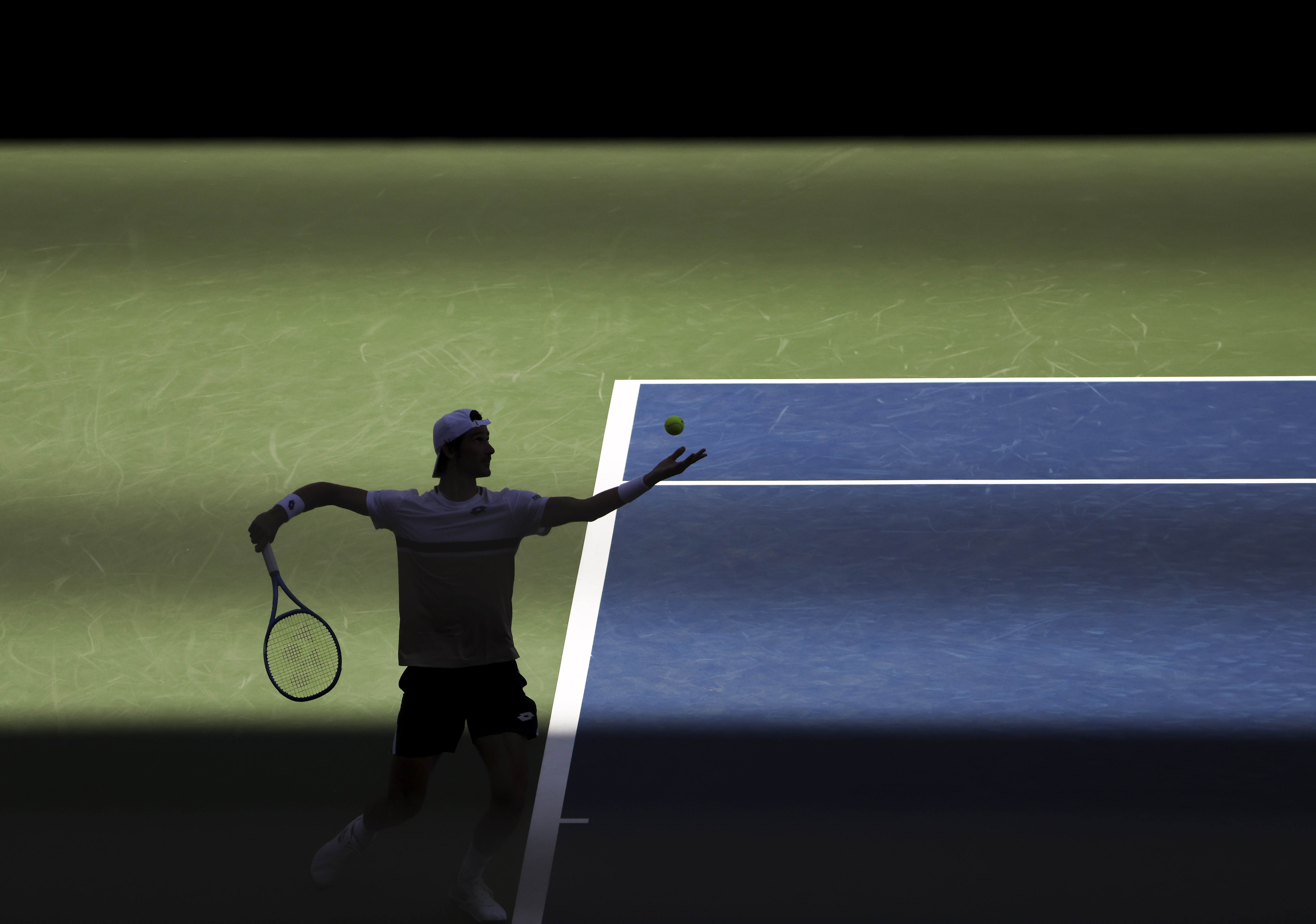 Lloyd Harris, of South Africa, serves to Taylor Fritz, of the United States, during the second round of the U.S. Open tennis championships, Wednesday, Aug. 27, 2025, in New York. 