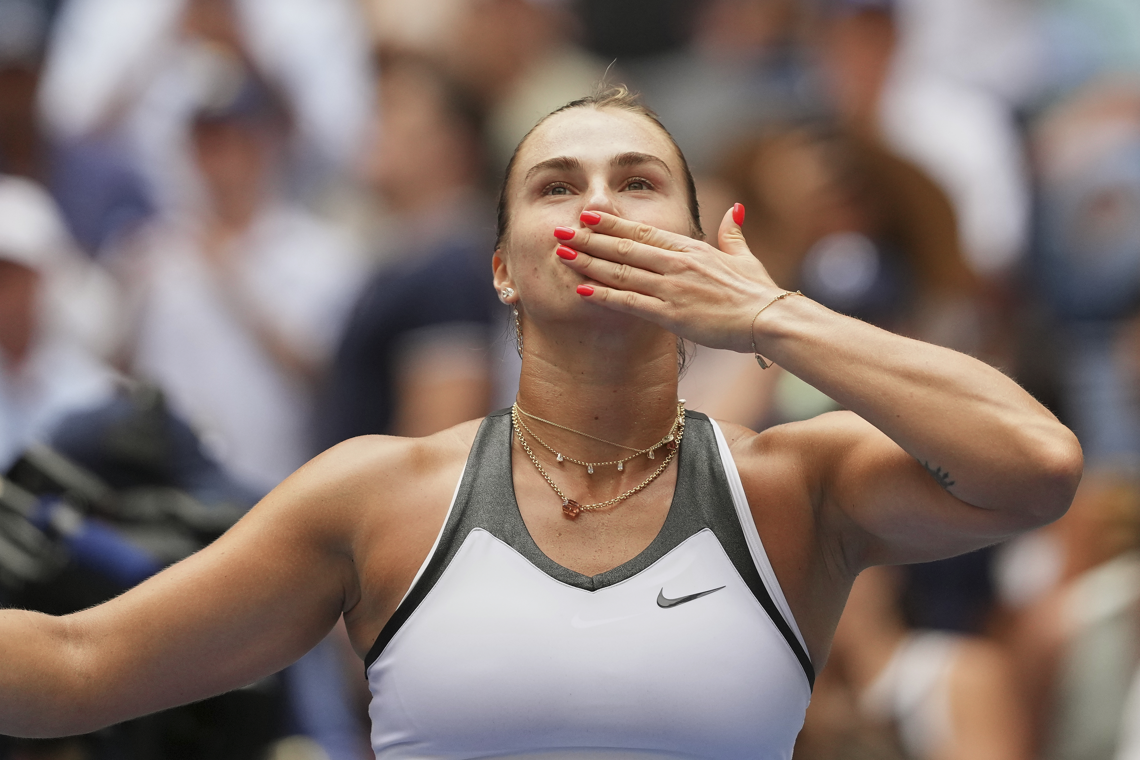 Aryna Sabalenka, of Belarus, celebrates after defeating Rebeka Masarova, of Switzerland, during the first round of the US Open tennis championships, Sunday, Aug. 24, 2025, in New York.