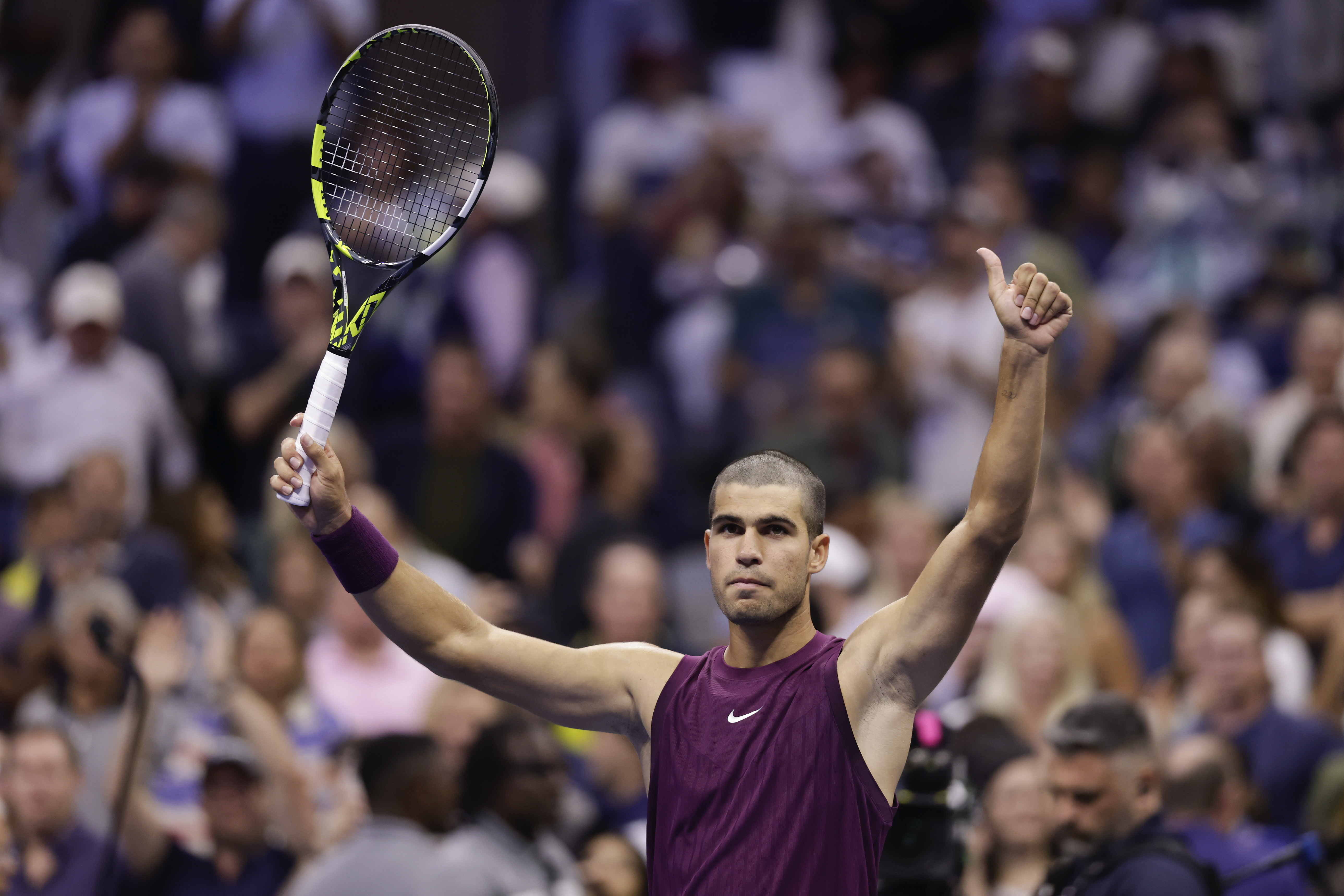 Carlos Alcaraz, of Spain reacts after defeating Mattia Bellucci, of Italy, during the second round of the U.S. Open tennis championships, Wednesday, Aug. 27, 2025, in New York. 