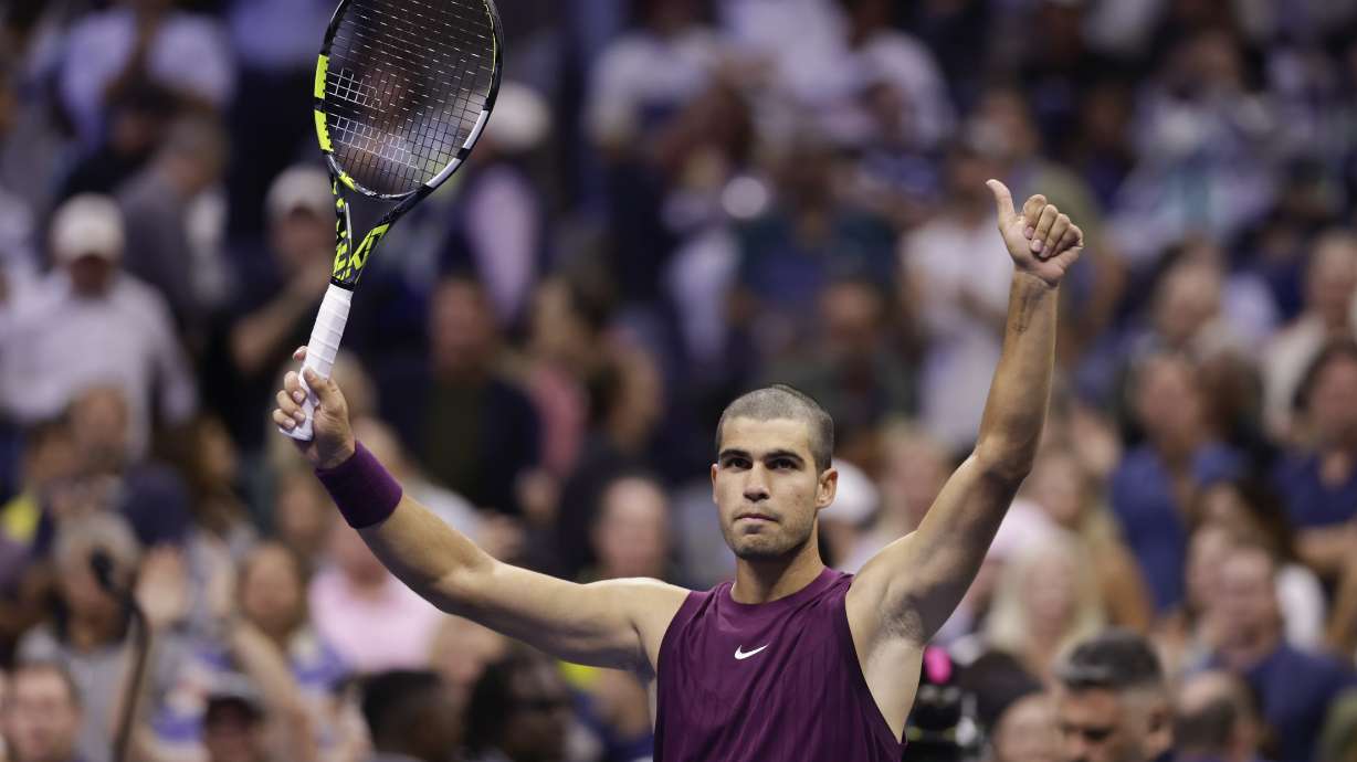 Carlos Alcaraz, of Spain reacts after defeating Mattia Bellucci, of Italy, during the second round of the U.S. Open tennis championships, Wednesday, Aug. 27, 2025, in New York.