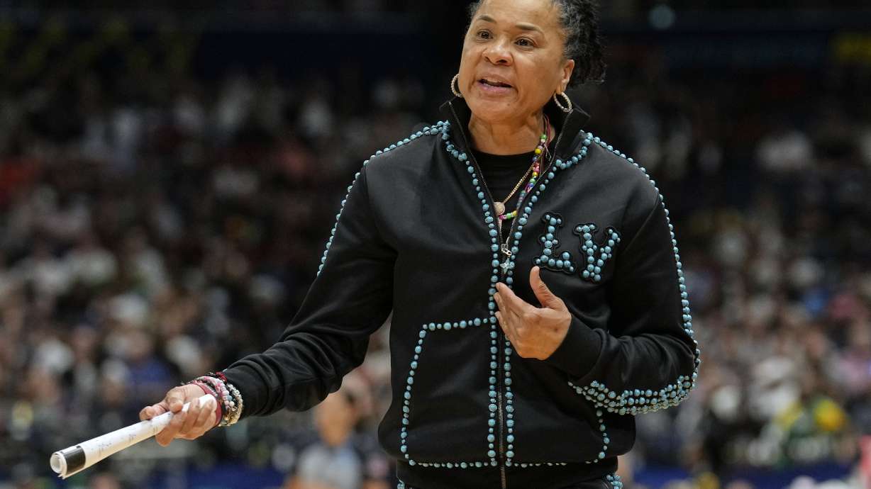 FILE - South Carolina head coach Dawn Staley reacts during the first half of the national championship game against UConn at the Final Four of the women's NCAA college basketball tournament, April 6, 2025, in Tampa, Fla.