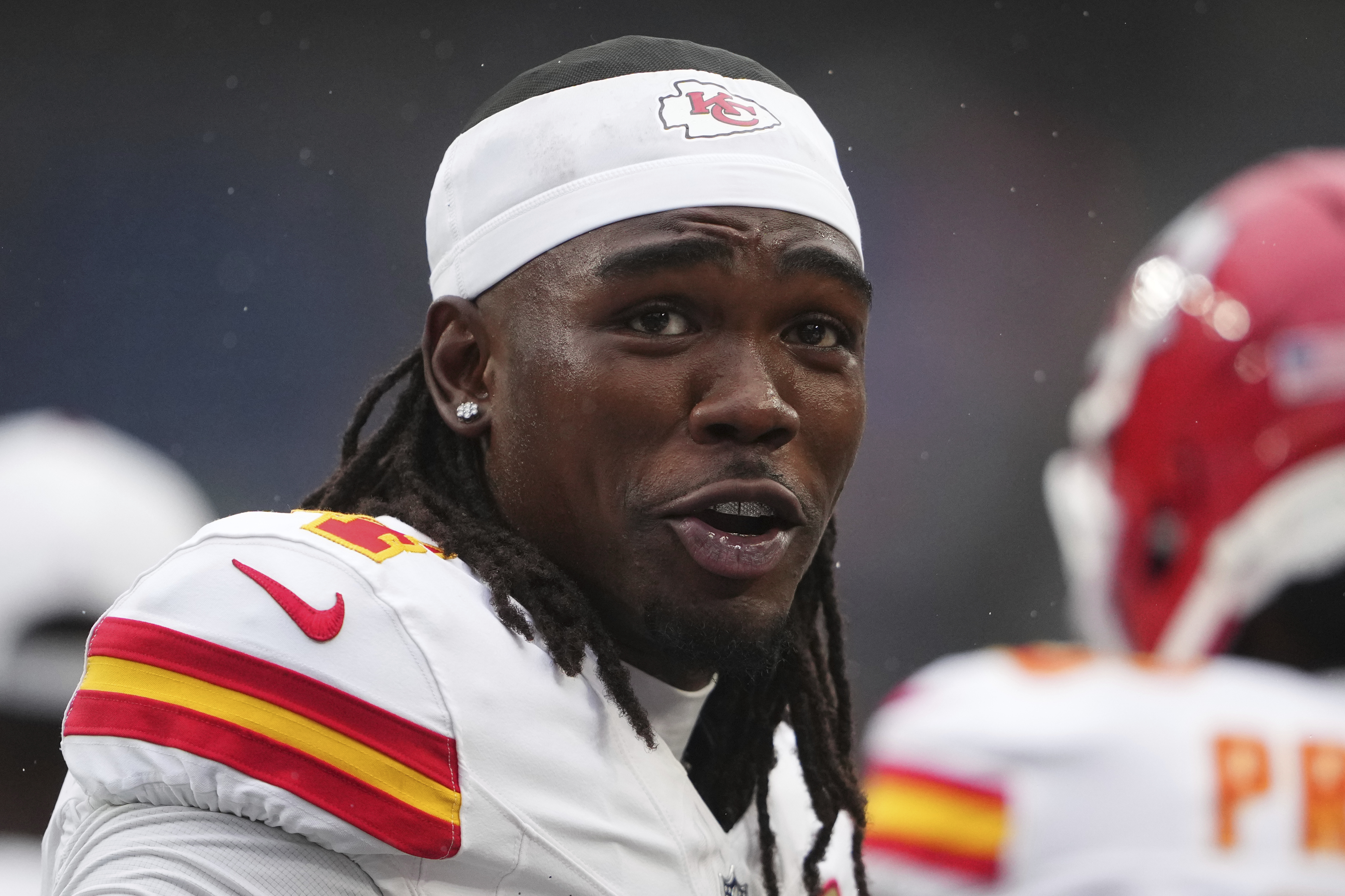 Kansas City Chiefs wide receiver Rashee Rice (4) reacts during warm ups before an NFL preseason football game against the Seattle Seahawks, Friday, Aug. 15, 2025, in Seattle.
