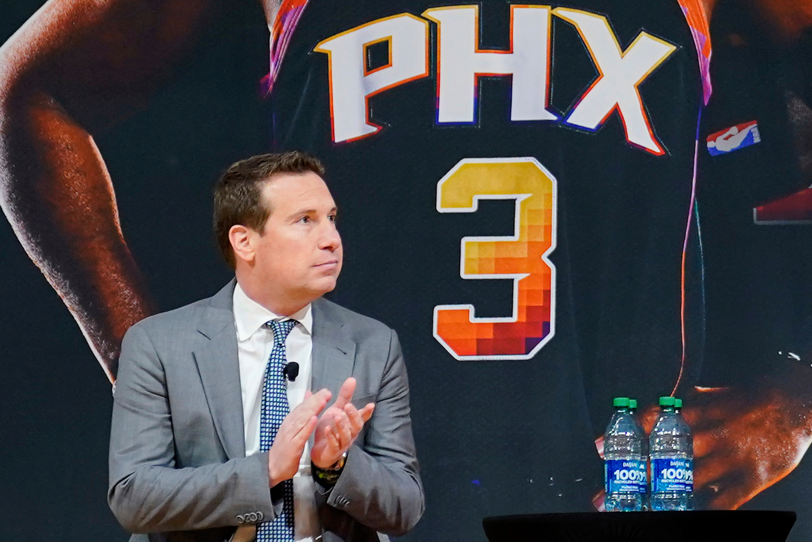 FILE - Phoenix Suns owner Mat Ishbia looks on during an NBA basketball news conference, Thursday, Feb. 16, 2023, in Phoenix.