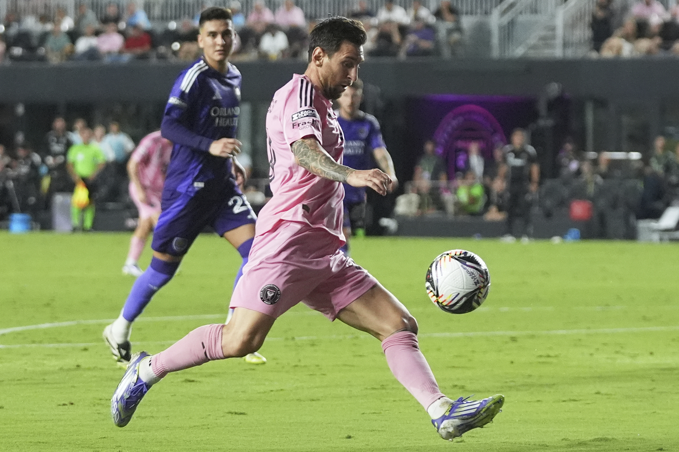 Inter Miami forward Lionel Messi controls the ball during the second half of a Leagues Cup semifinal soccer match against Orlando City, Wednesday, Aug. 27, 2025, in Fort Lauderdale, Fla. 