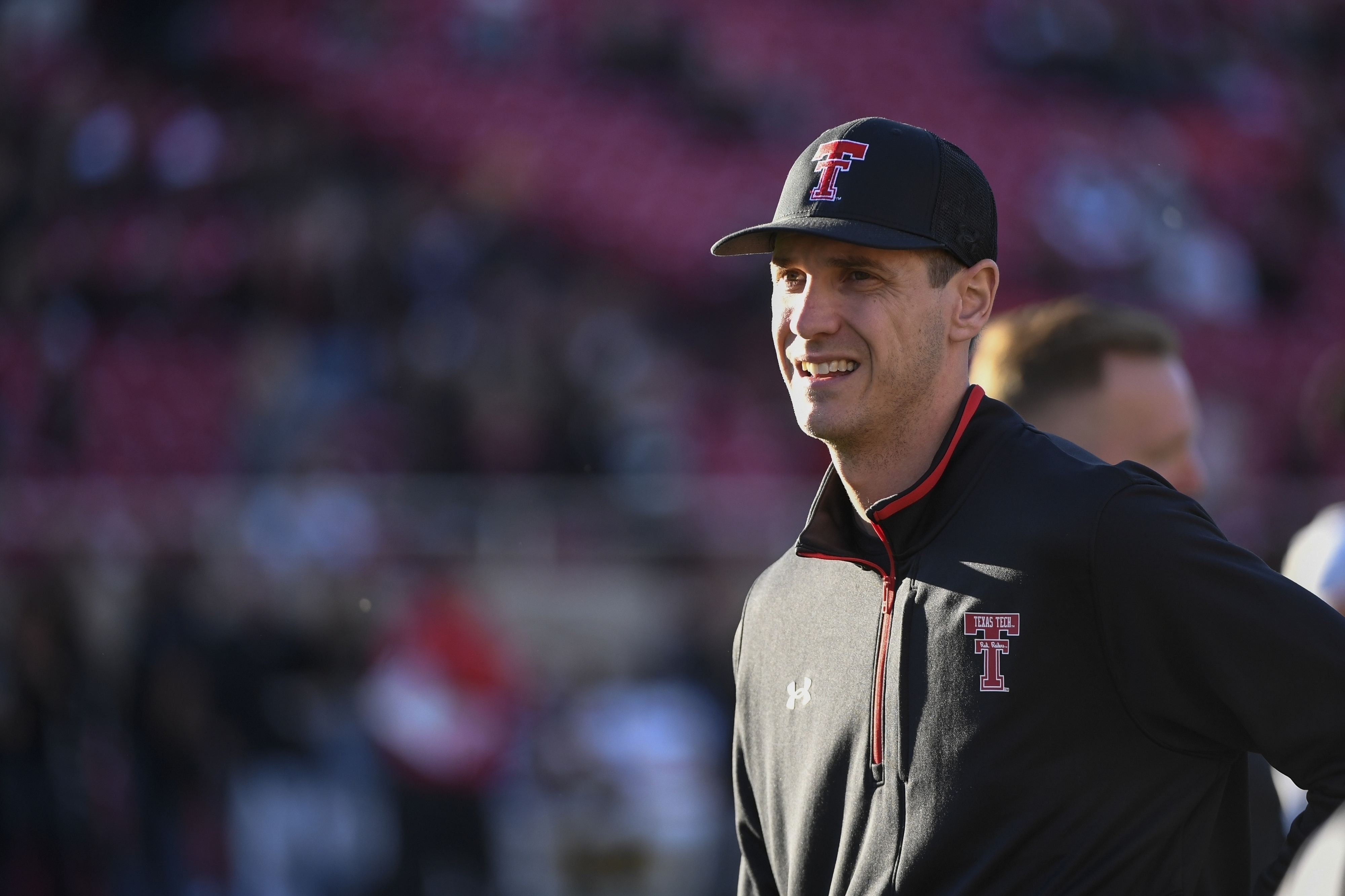 FILE - Texas Tech offensive coordinator Zach Kittley on the field before an NCAA college football game between Texas Tech and Baylor Oct. 29, 2022, in Lubbock, Texas. 