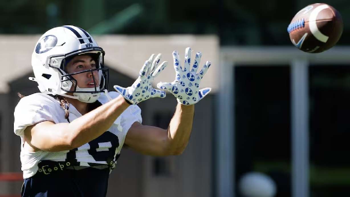 BYU receiver Tiger Bachmeier makes a catch during training camp in Provo, Friday, Aug. 1, 2025.