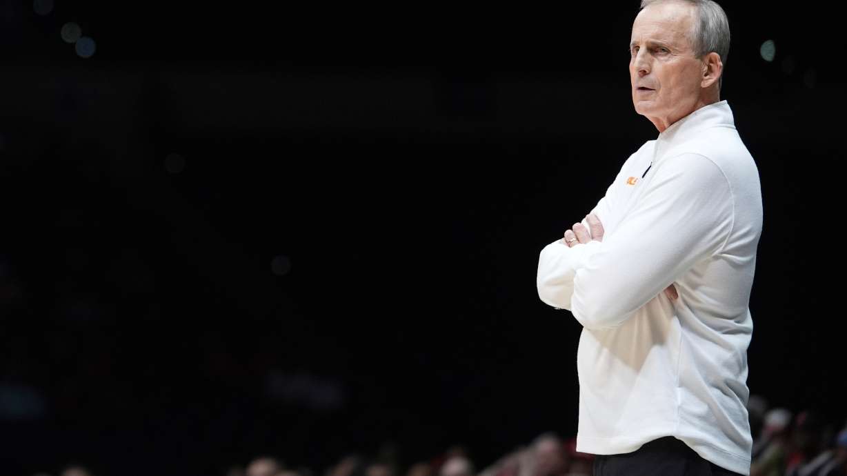 FILE - Tennessee head coach Rick Barnes looks on from the sidelines during the first half in the Elite Eight round of the NCAA college basketball tournament against Houston, March 30, 2025, in Indianapolis.
