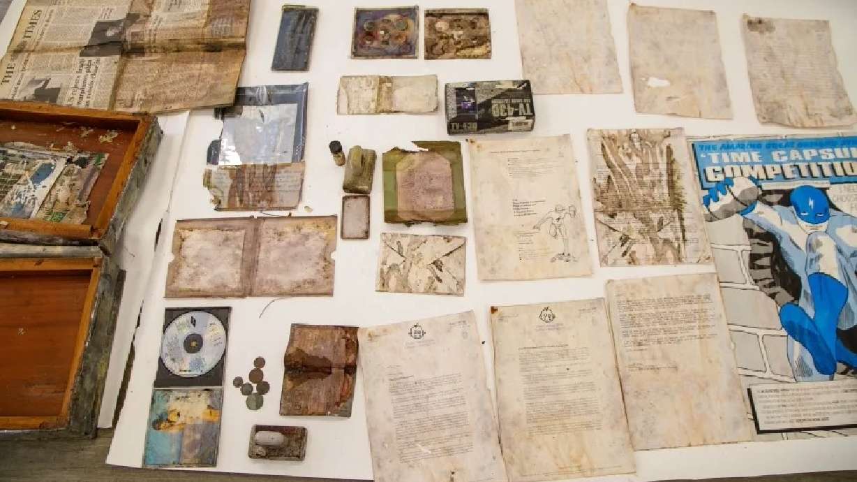 Items from a 1991 time capsule sealed by Princess Diana at Great Ormond Street Hospital for Children in London, Thursday. The time capsule was unearthed prior to construction of the hospital's new cancer center.