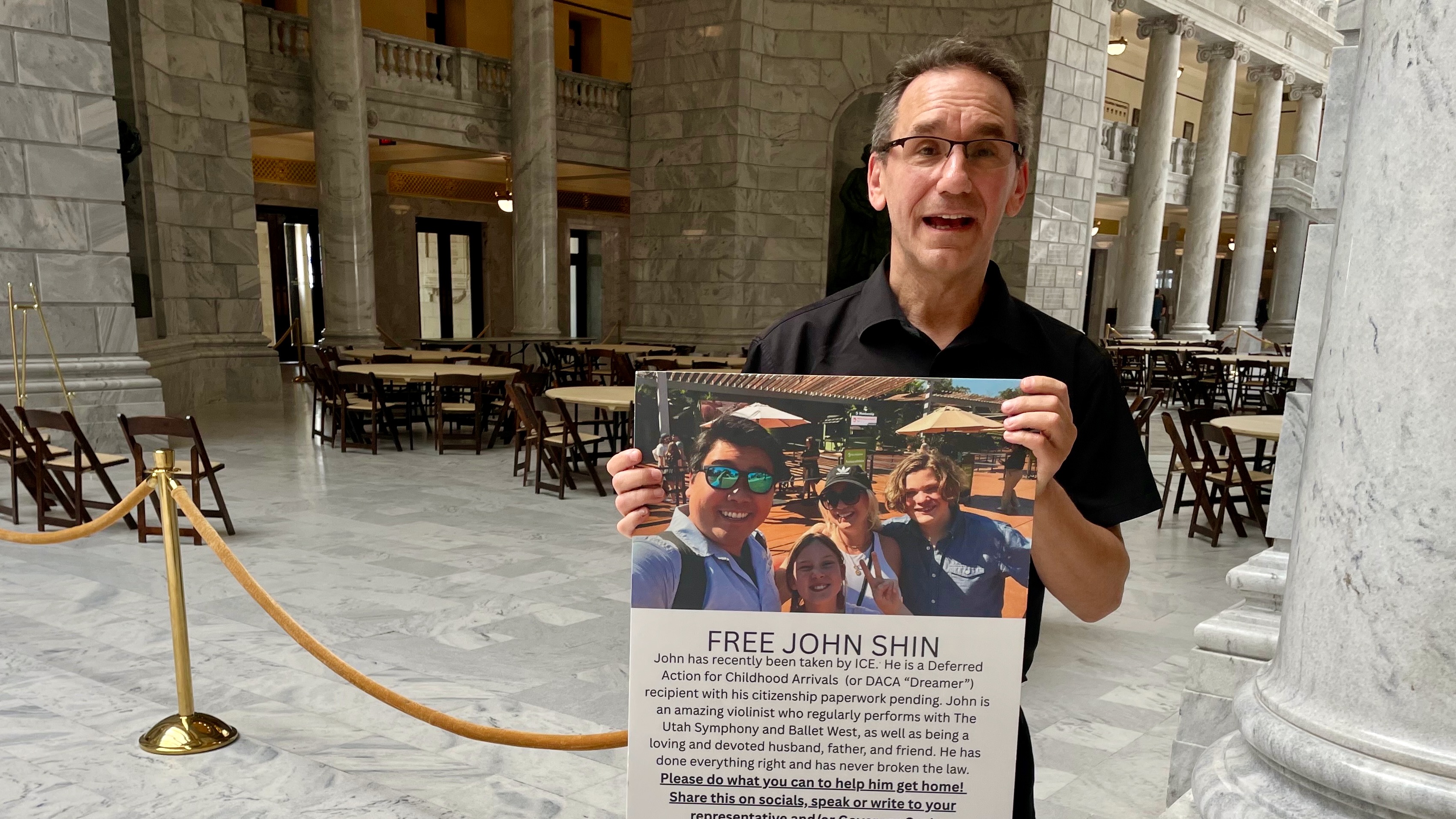 Gabriel Gordon has been showing up at the Utah Capitol in Salt Lake City to play his violin in a show of support for John Shin, who has been detained by U.S. immigration officials.