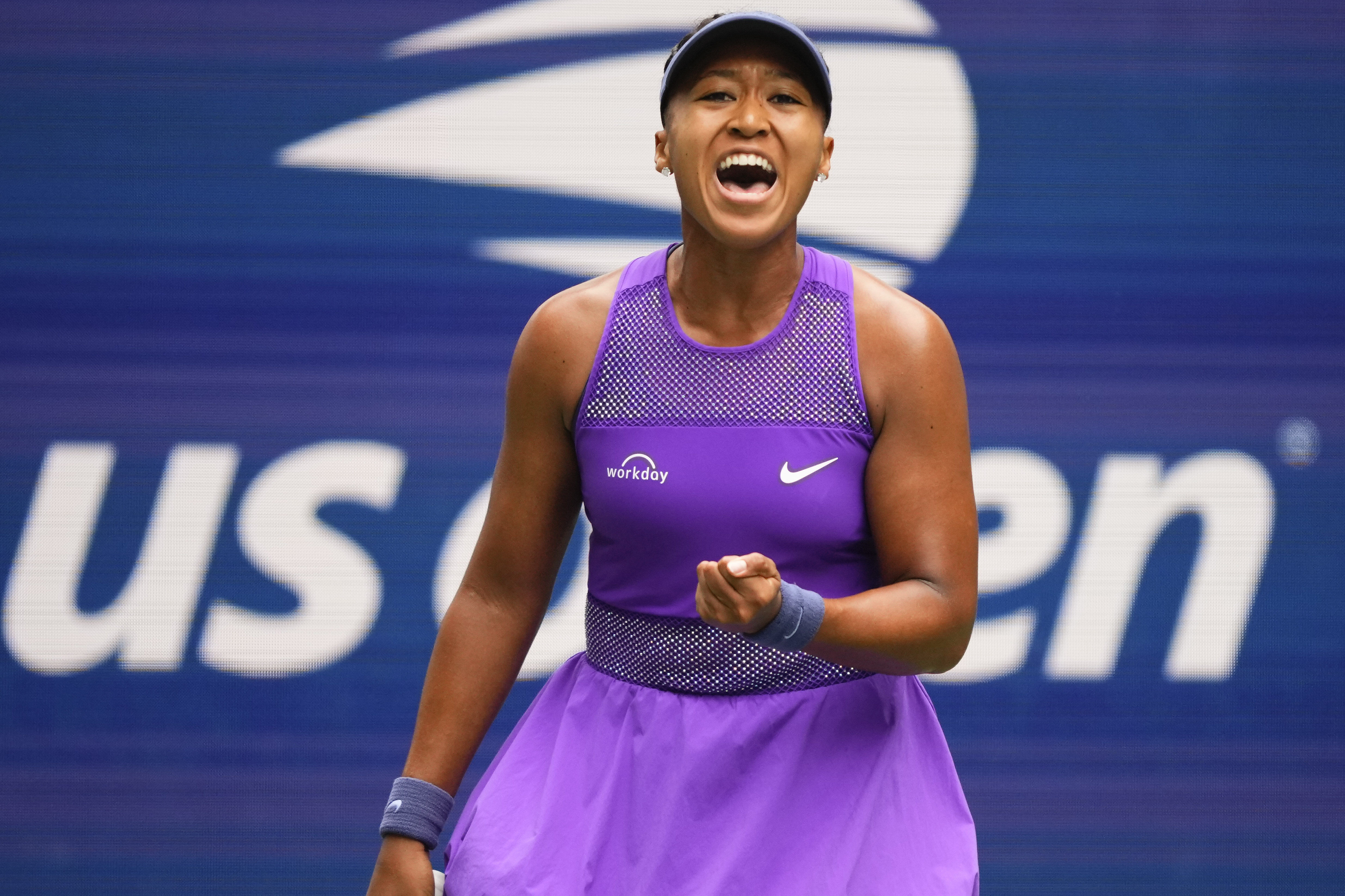 Naomi Osaka, of Japan, reacts after scoring a point against Hailey Baptiste, of the United States, during the second round of the U.S. Open tennis championships, Thursday, Aug. 28, 2025, in New York.