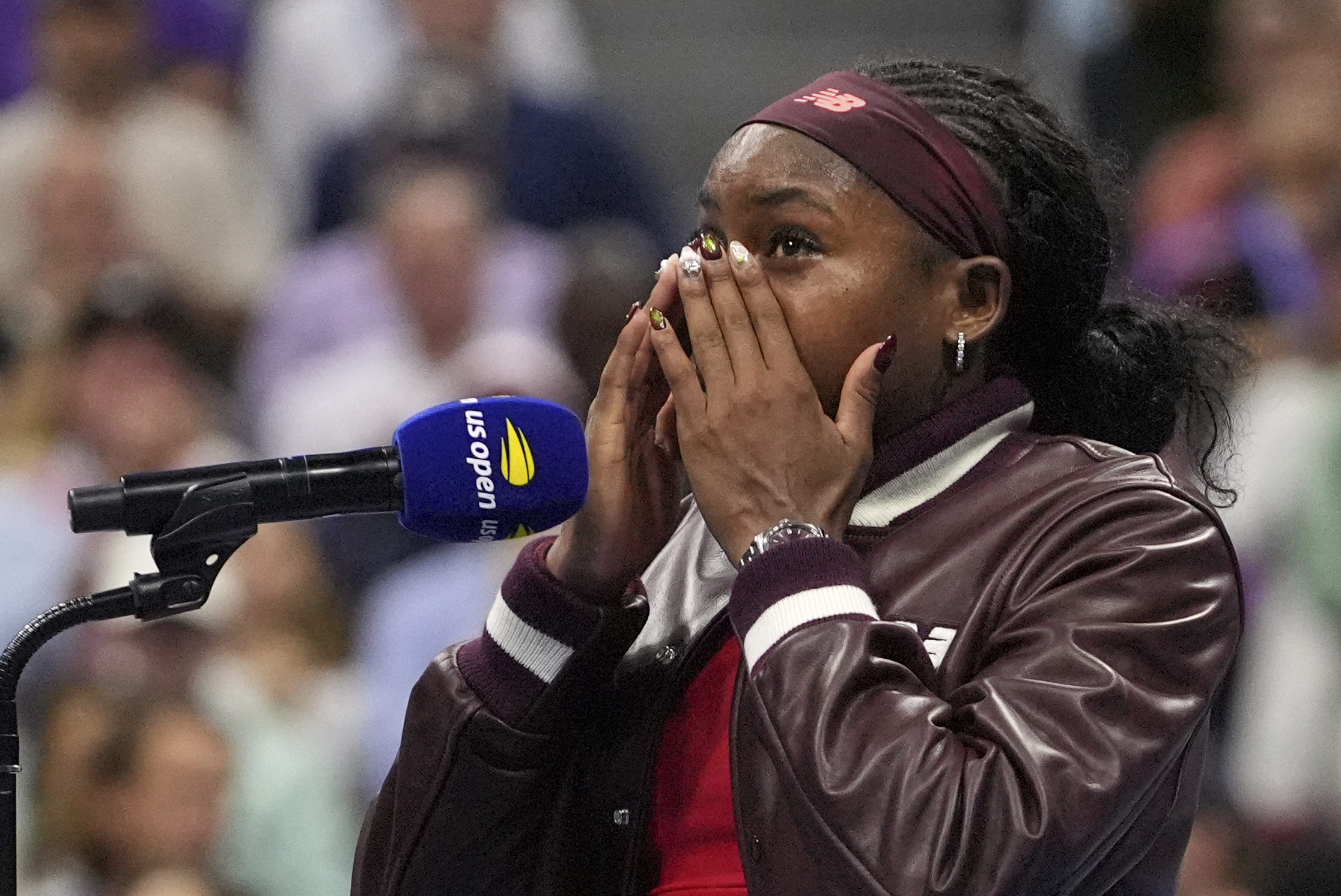 Coco Gauff, of the United States, cries after defeating Donna Vekic, of Croatia, during the second round of the U.S. Open tennis championships, Thursday, Aug. 28, 2025, in New York. 