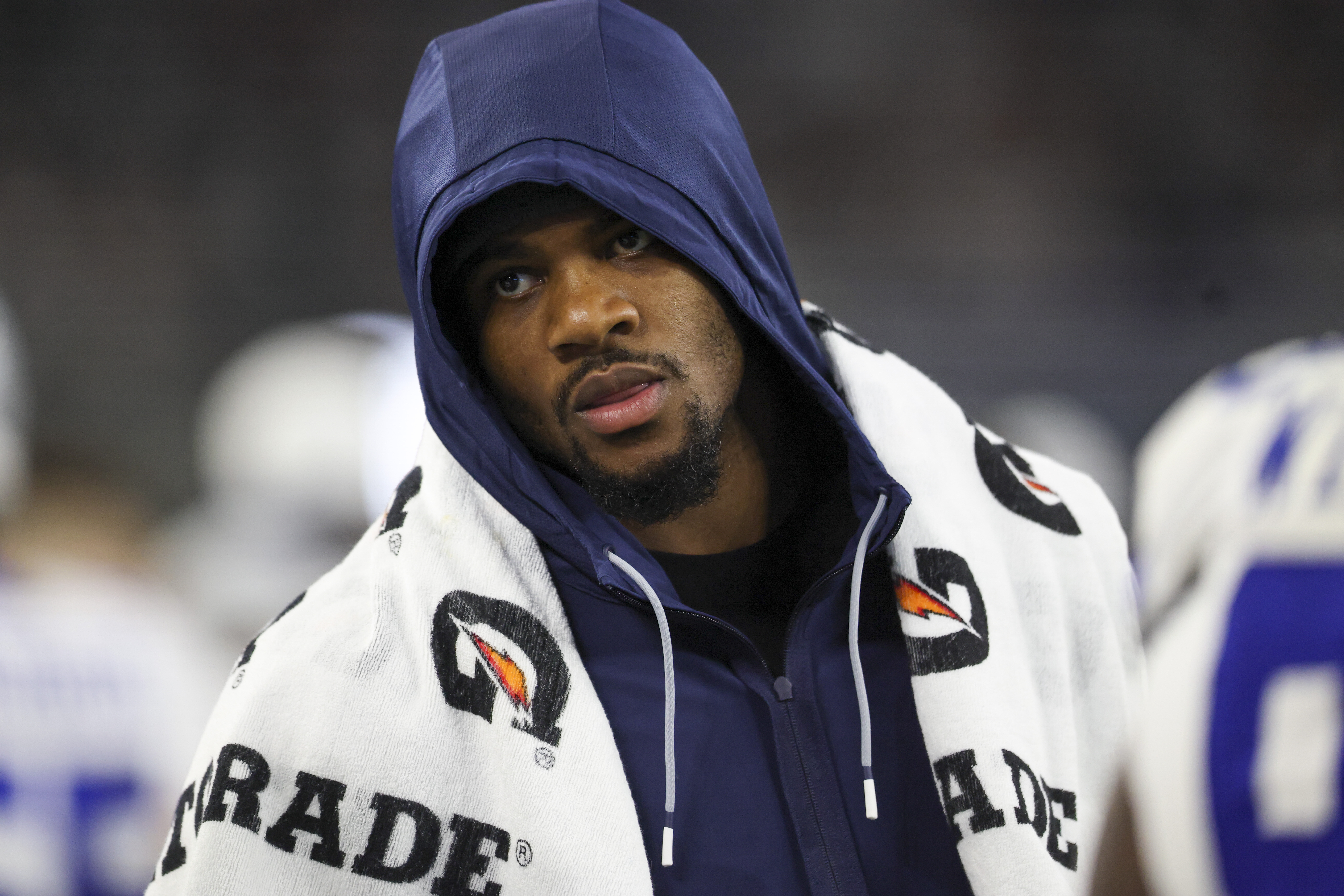 Dallas Cowboys defensive end Micah Parsons walks on the sideline during the second half of a preseason NFL football game against the Atlanta Falcons Friday, Aug. 22, 2025, in Arlington, Texas. 