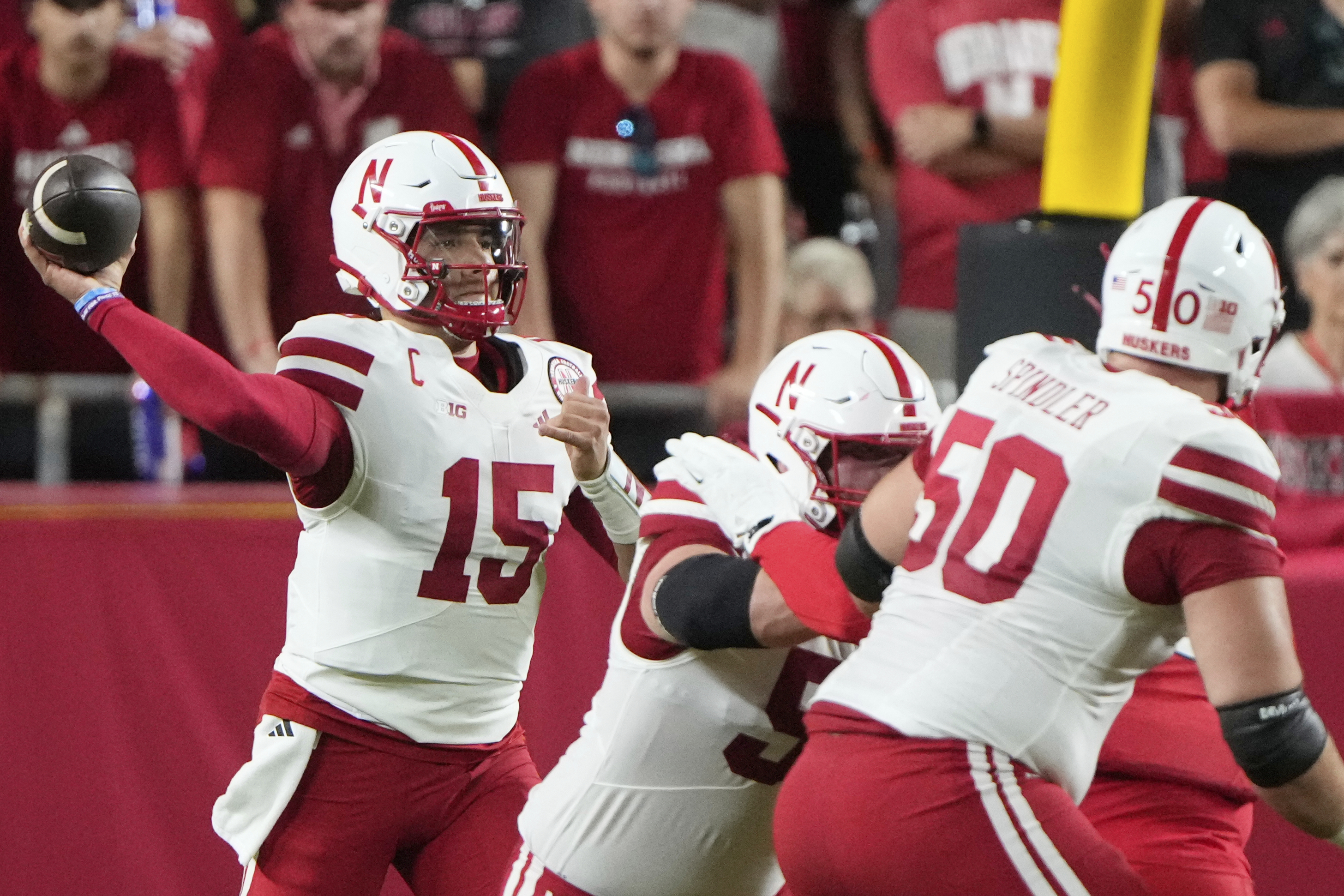 Nebraska quarterback Dylan Raiola (15) passes during the first half of an NCAA college football game against Cincinnati, Thursday, Aug. 28, 2025, at Arrowhead Stadium in Kansas City, Mo. 