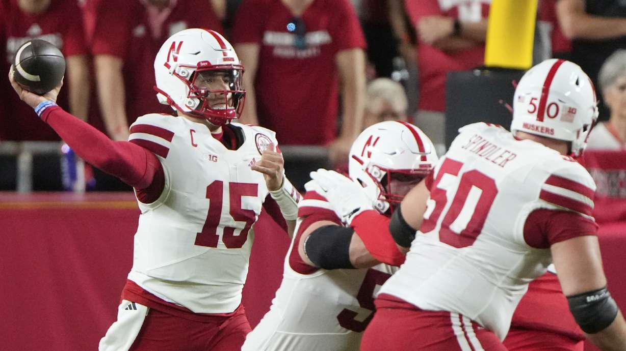 Nebraska quarterback Dylan Raiola (15) passes during the first half of an NCAA college football game against Cincinnati, Thursday, Aug. 28, 2025, at Arrowhead Stadium in Kansas City, Mo.