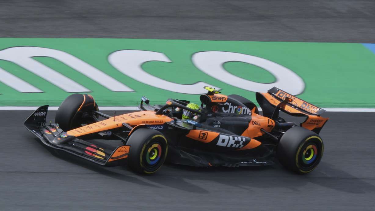 McLaren driver Lando Norris of Britain in action during the first practice for the Formula One Dutch Grand Prix in Zandvoort, Netherlands, Friday, Aug. 29, 2025.