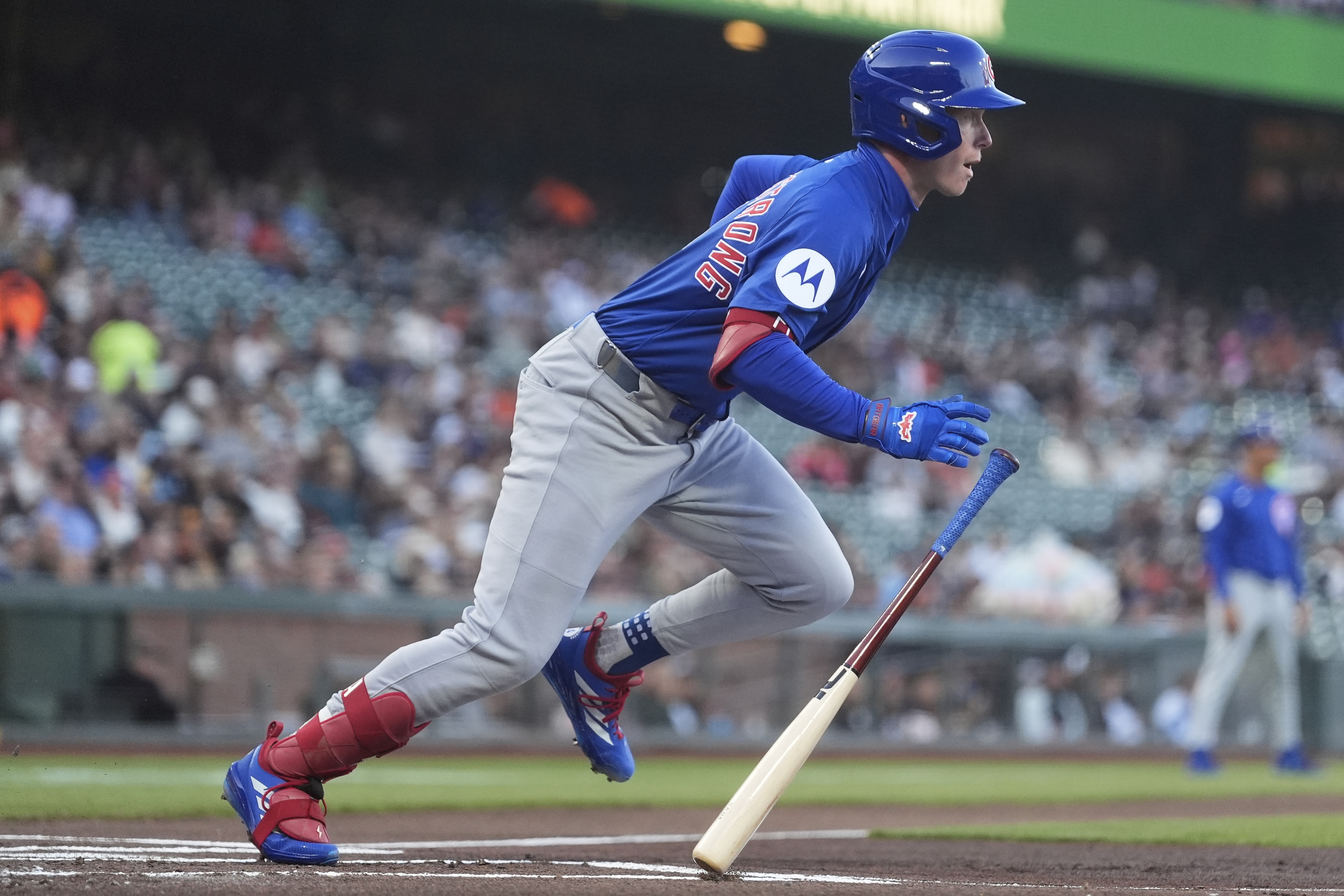 Chicago Cubs' Pete Crow-Armstrong runs to first base after hitting a single against the San Francisco Giants during the first inning of a baseball game in San Francisco, Tuesday, Aug. 26, 2025. 