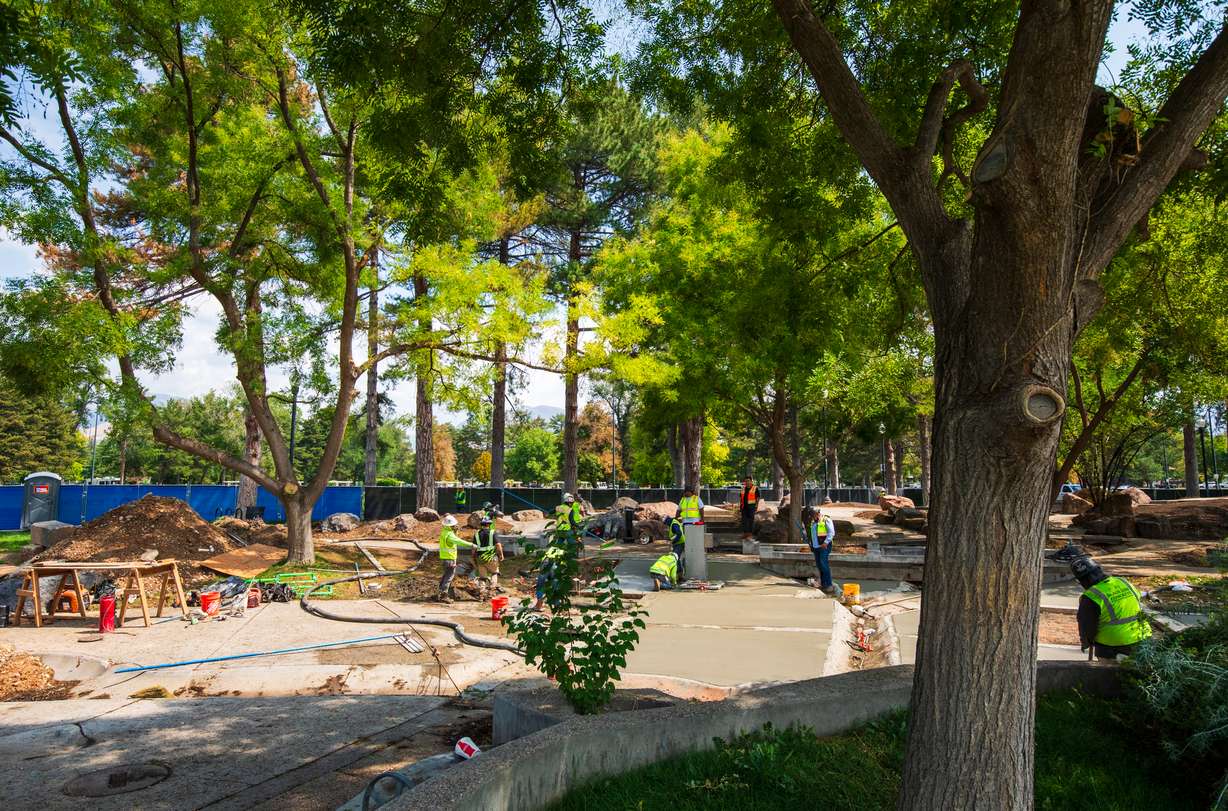 Construction on the new Seven Canyons Fountain dry art feature continues at Liberty Park in Salt Lake City on Thursday. The project is expected to be completed this fall.