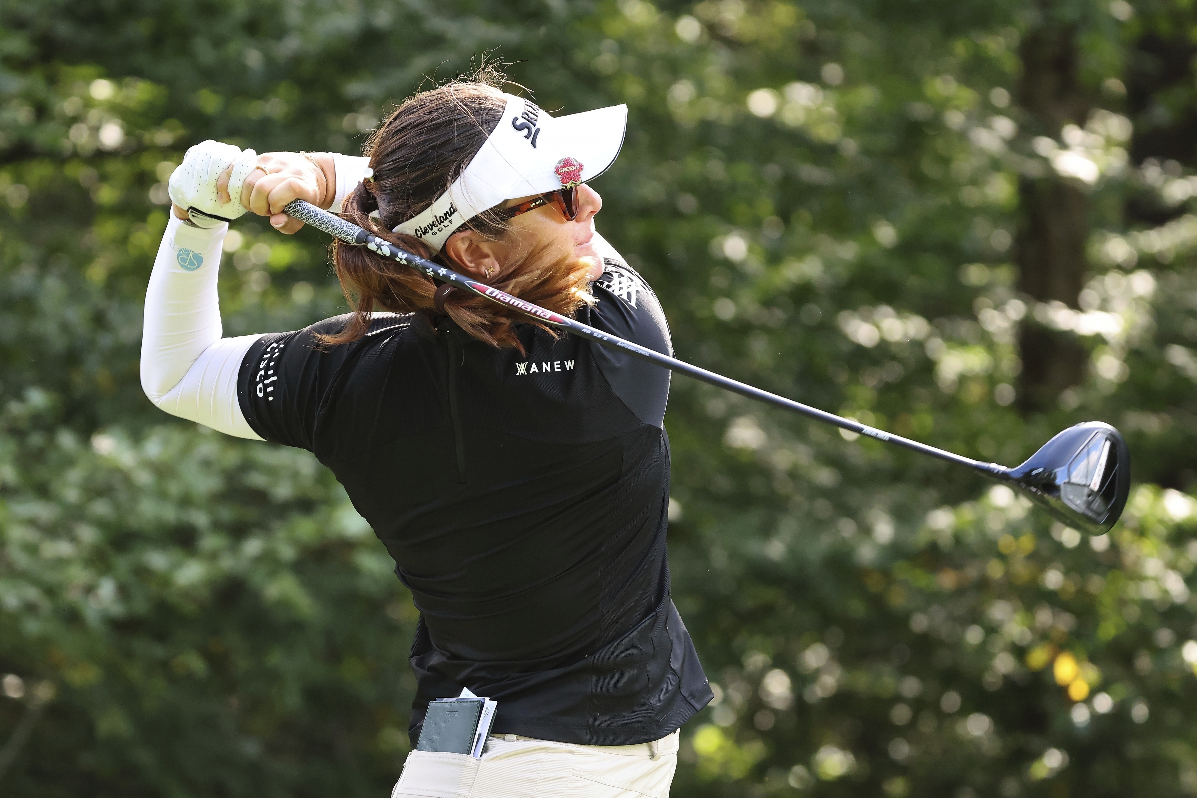 Hannah Green, of Australia, tees off on the ninth hole during the first round of the FM Championship LPGA golf tournament at TPC Boston, Thursday, Aug. 28, 2025, in Norton, Mass.