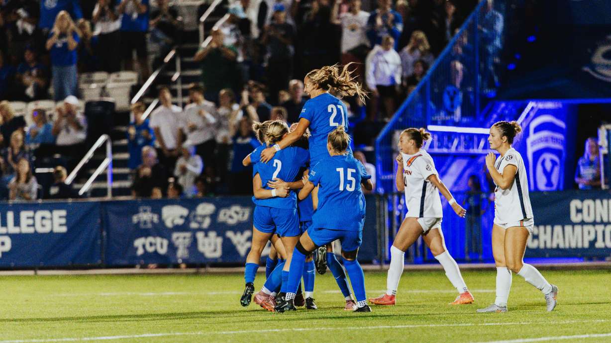 BYU celebrates Presley Freeman's first collegiate goal during the second half of an NCAA women's soccer match between No. 11 BYU and Auburn, Friday, Aug. 29, 2025 at South Field in Provo, Utah. The Cougars won, 2-0.