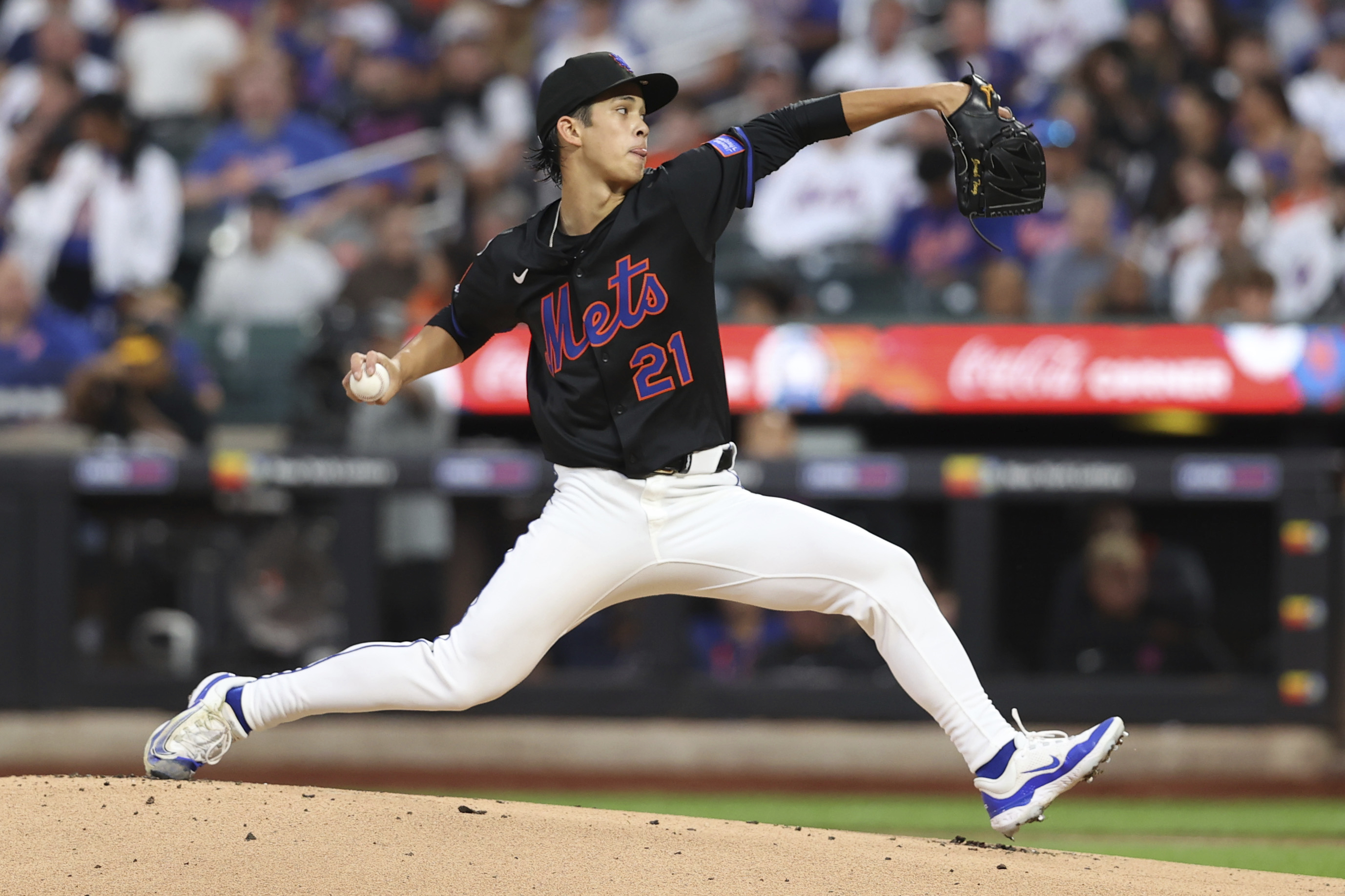 New York Mets pitcher Jonah Tong throws during the second inning of a baseball game against the Miami Marlins, Friday, Aug. 29, 2025, in New York. 