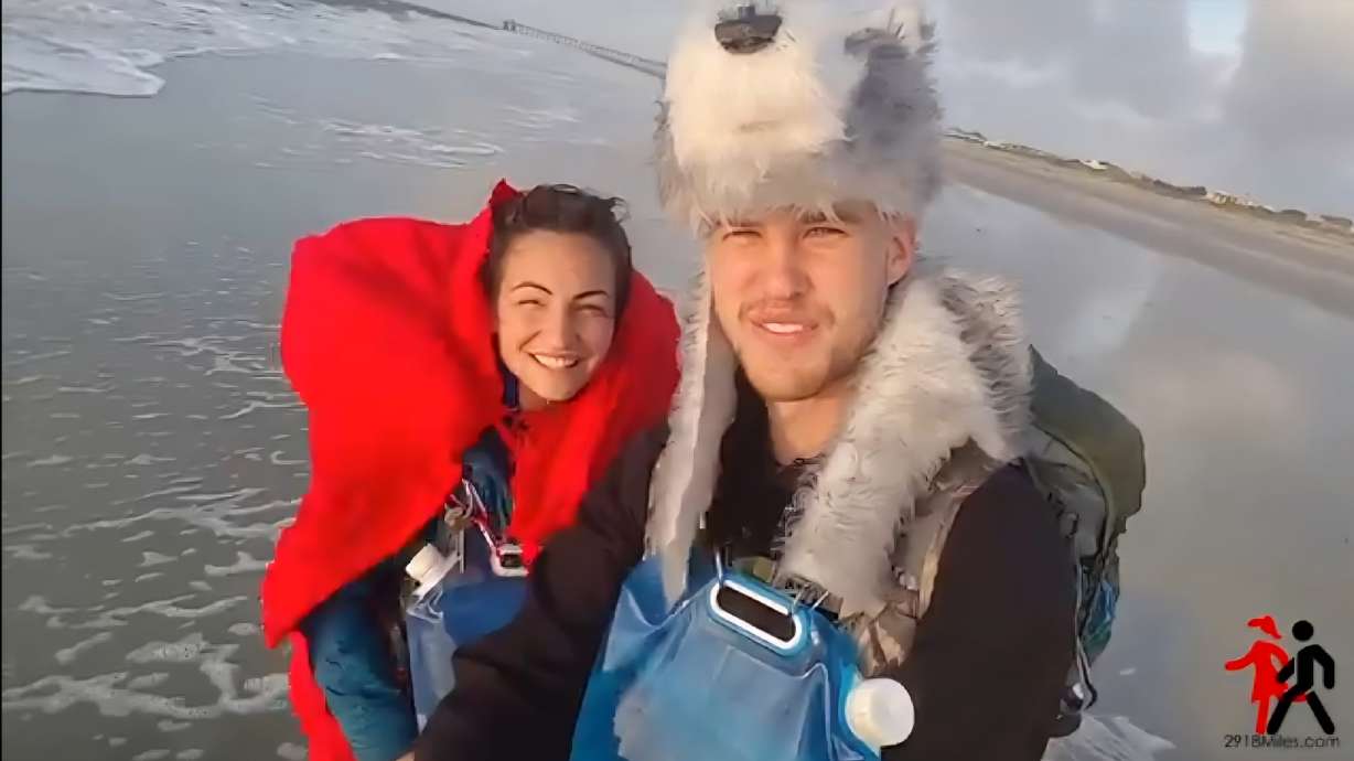 Amanda and Kolton Rackham start a walk across America in Tybee Island, Georgia, on May 1, 2017. The Rackhams walked across the country to learn more about each other and themselves.