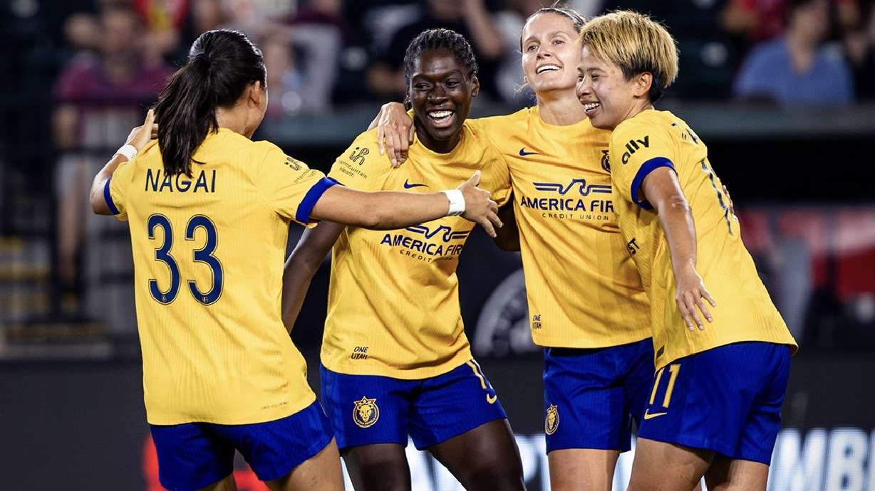 The Utah Royals celebrate their second win of the season, thanks to KK Ream, second from the left, scoring the game-winning goal.