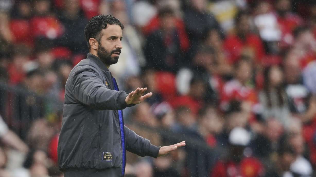 Manchester United's head coach Ruben Amorim during the English Premier League soccer match between Manchester United and Burnley at Old Trafford stadium in Manchester, England, Saturday, Aug. 30, 2025.