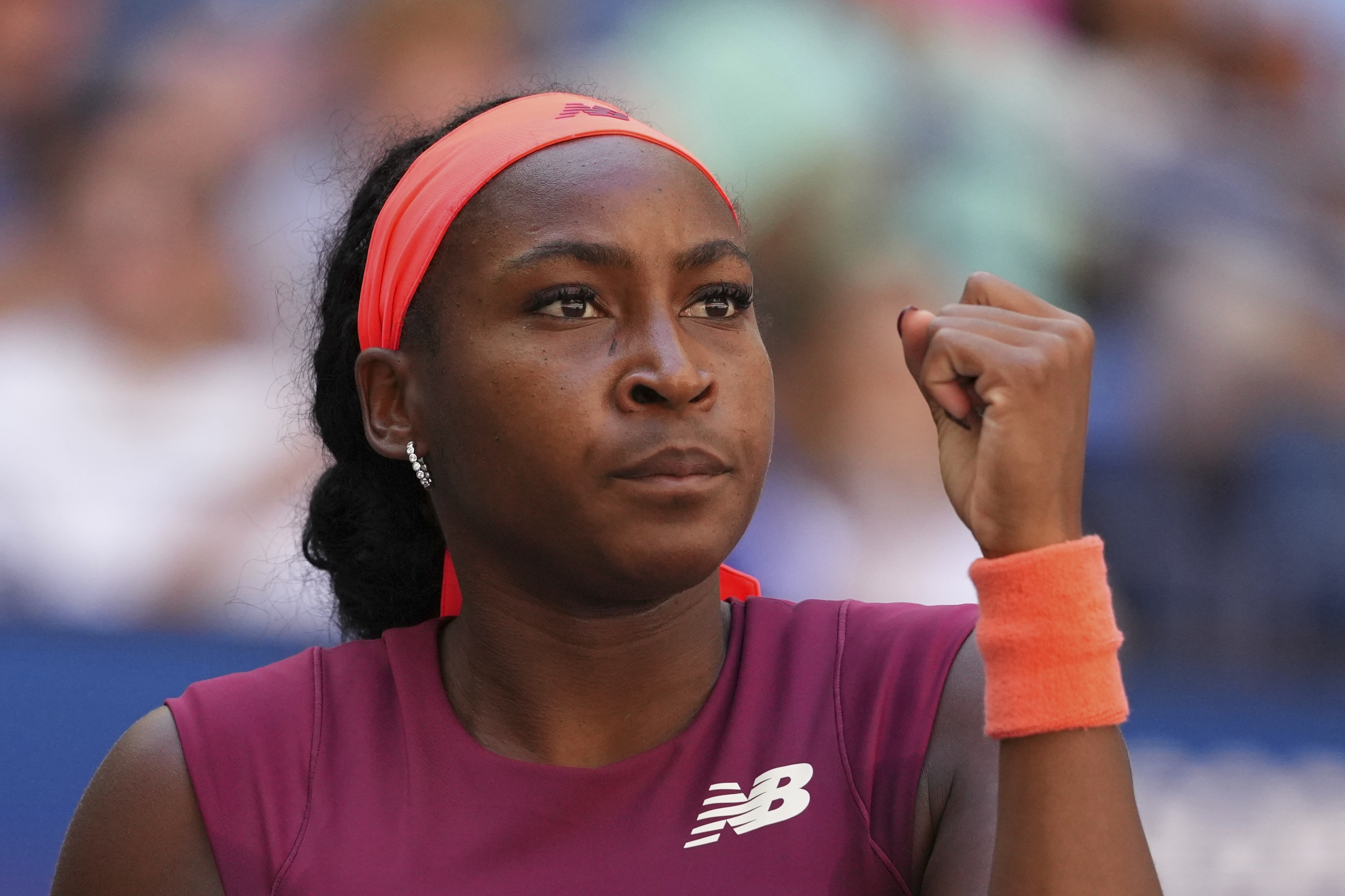 Coco Gauff, of the United States, reacts after winning a point during the third round of the U.S. Open tennis championships, Saturday, Aug. 30, 2025, in New York. 