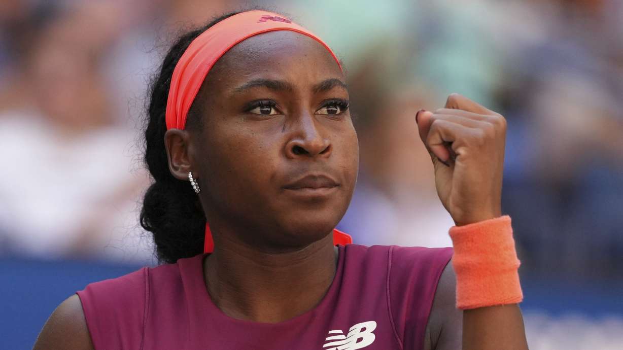 Coco Gauff, of the United States, reacts after winning a point during the third round of the U.S. Open tennis championships, Saturday, Aug. 30, 2025, in New York.