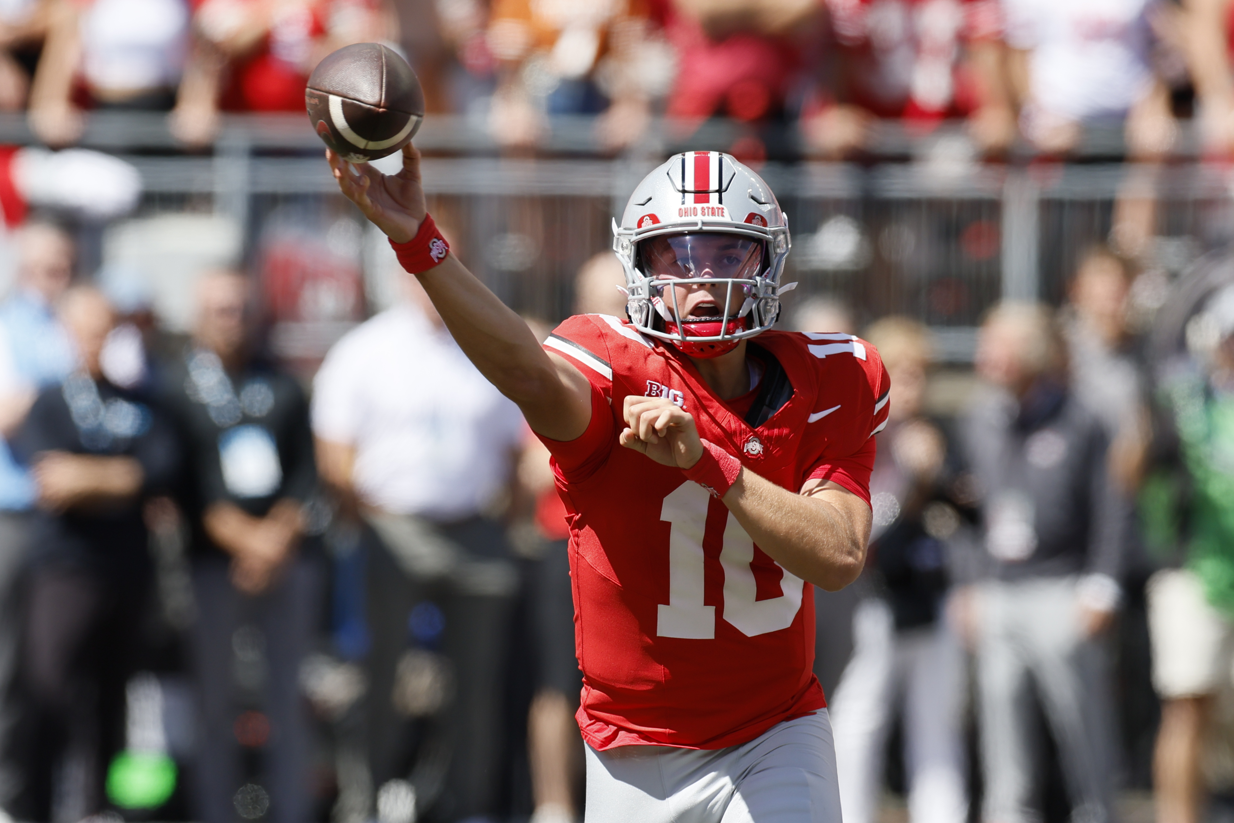 Ohio State quarterback Julian Sayin throws a pass against Texas during the first half of an NCAA college football game, Saturday, Aug. 30, 2025, in Columbus, Ohio.