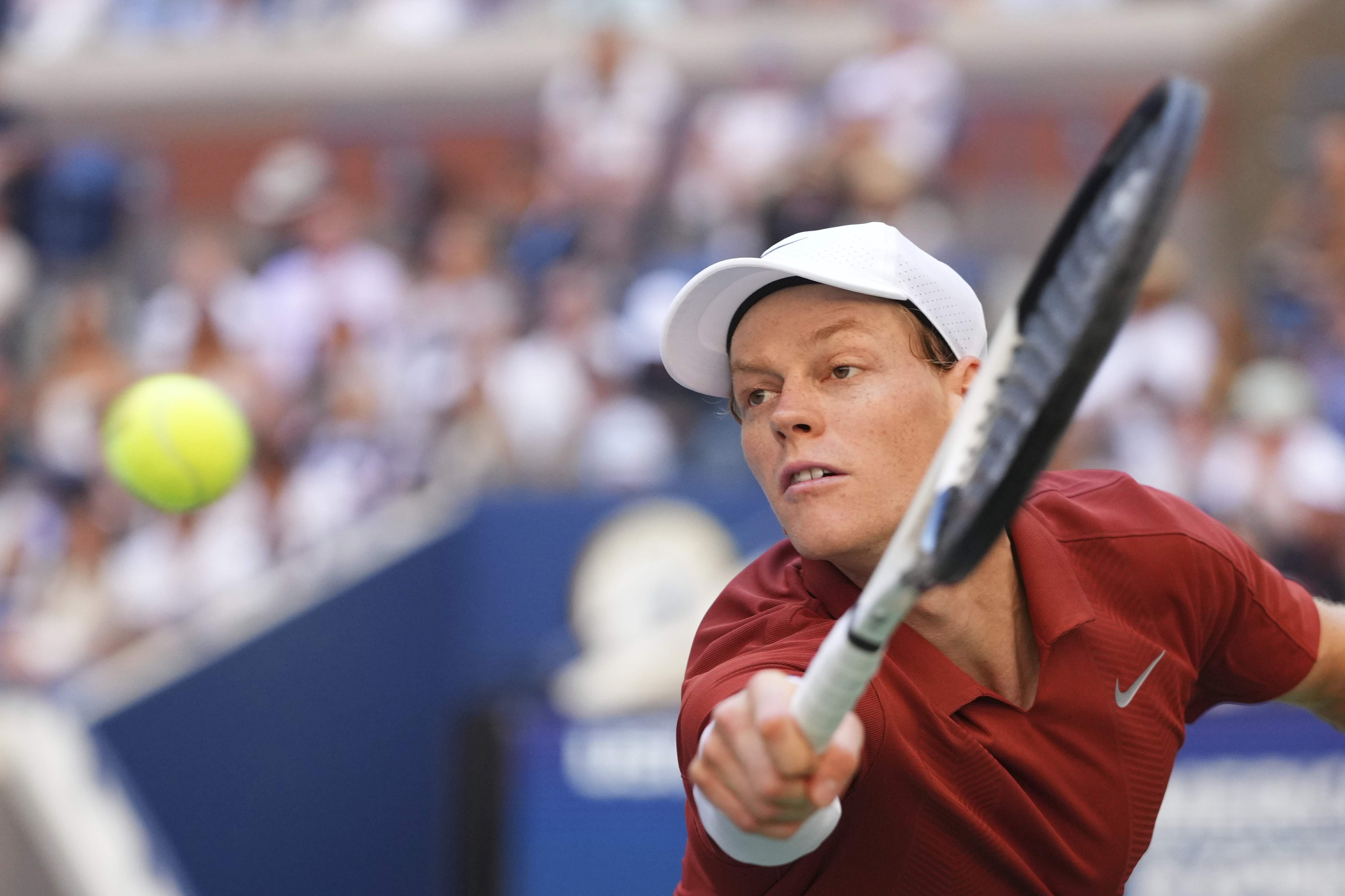 Jannik Sinner, of Italy, returns a shot against Denis Shapovalov, of Canada, during the third round of the U.S. Open tennis championships, Saturday, Aug. 30, 2025, in New York. 