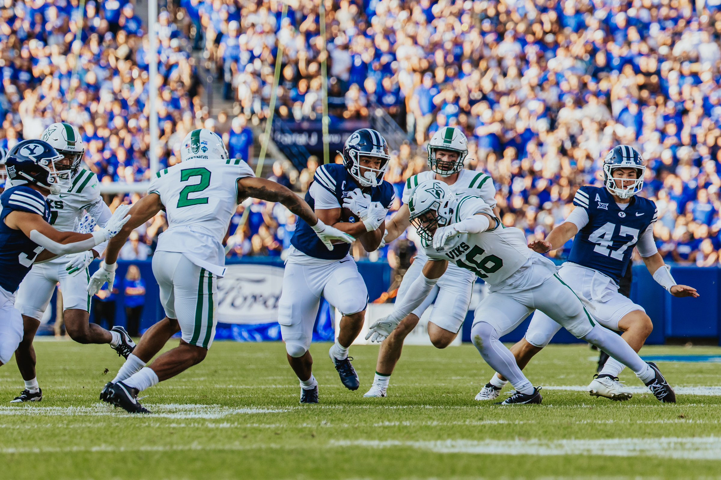 BYU's LJ Martin runs for a big gain against Portland State during the first half of an NCAA college football game, Saturday, Aug. 30, 2025 at LaVell Edwards Stadium in Provo, Utah.