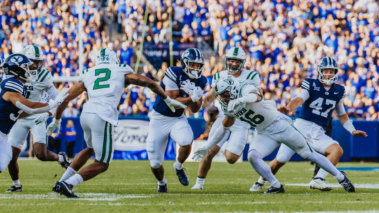 BYU's LJ Martin runs for a big gain against Portland State during the first half of an NCAA college football game, Saturday, Aug. 30, 2025 at LaVell Edwards Stadium in Provo, Utah.