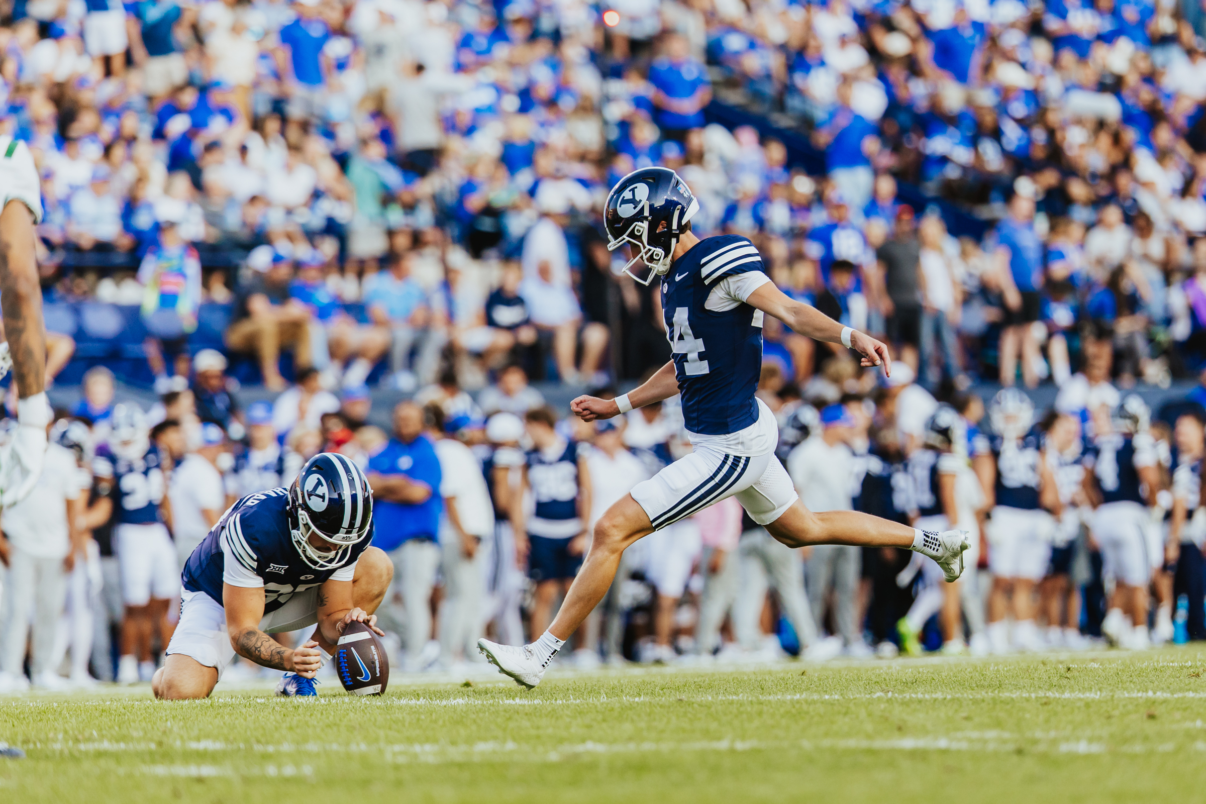 BYU kicker Will Ferrin lines up a kick during the first half of an NCAA college football game, Saturday, Aug. 30, 2025 at LaVell Edwards Stadium in Provo, Utah.