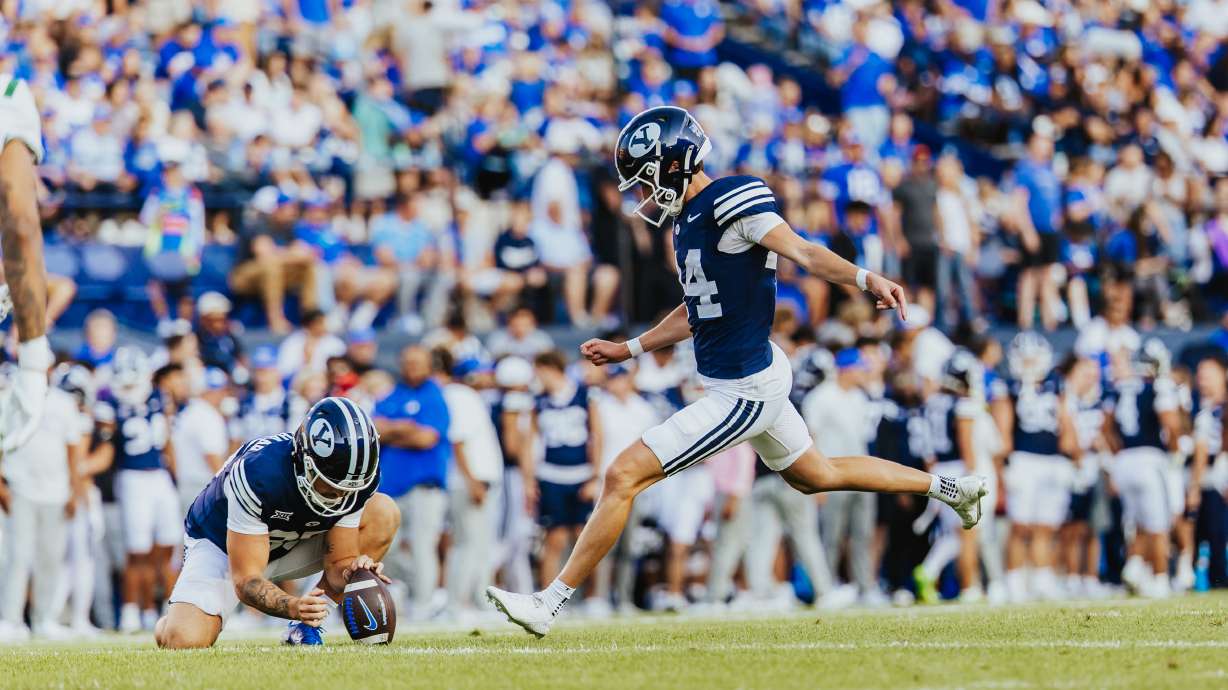 BYU kicker Will Ferrin lines up a kick during the first half of an NCAA college football game, Saturday, Aug. 30, 2025 at LaVell Edwards Stadium in Provo, Utah.